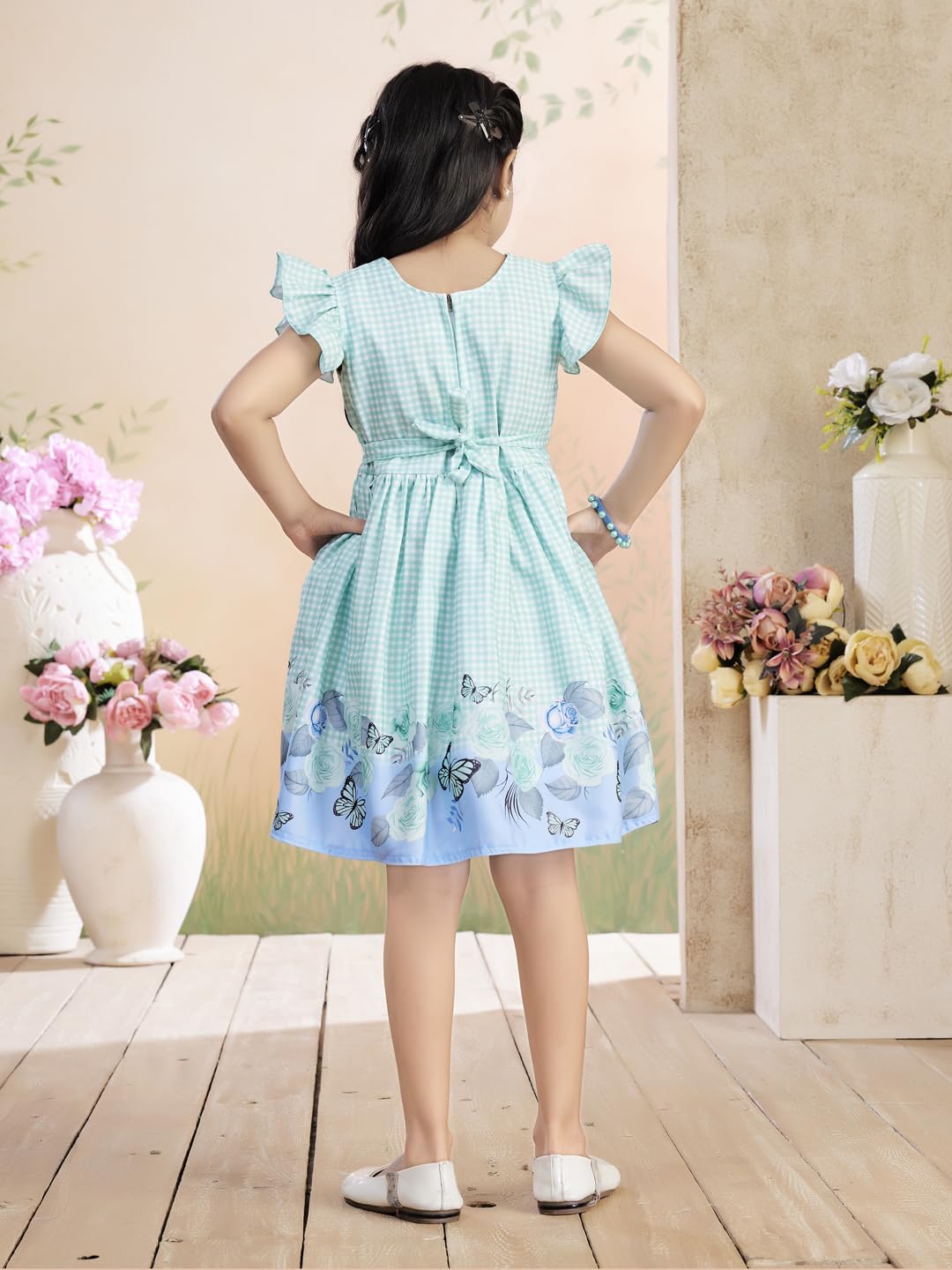 Aarika Vestido de algodón con estampado de cuadros de color verde para niñas