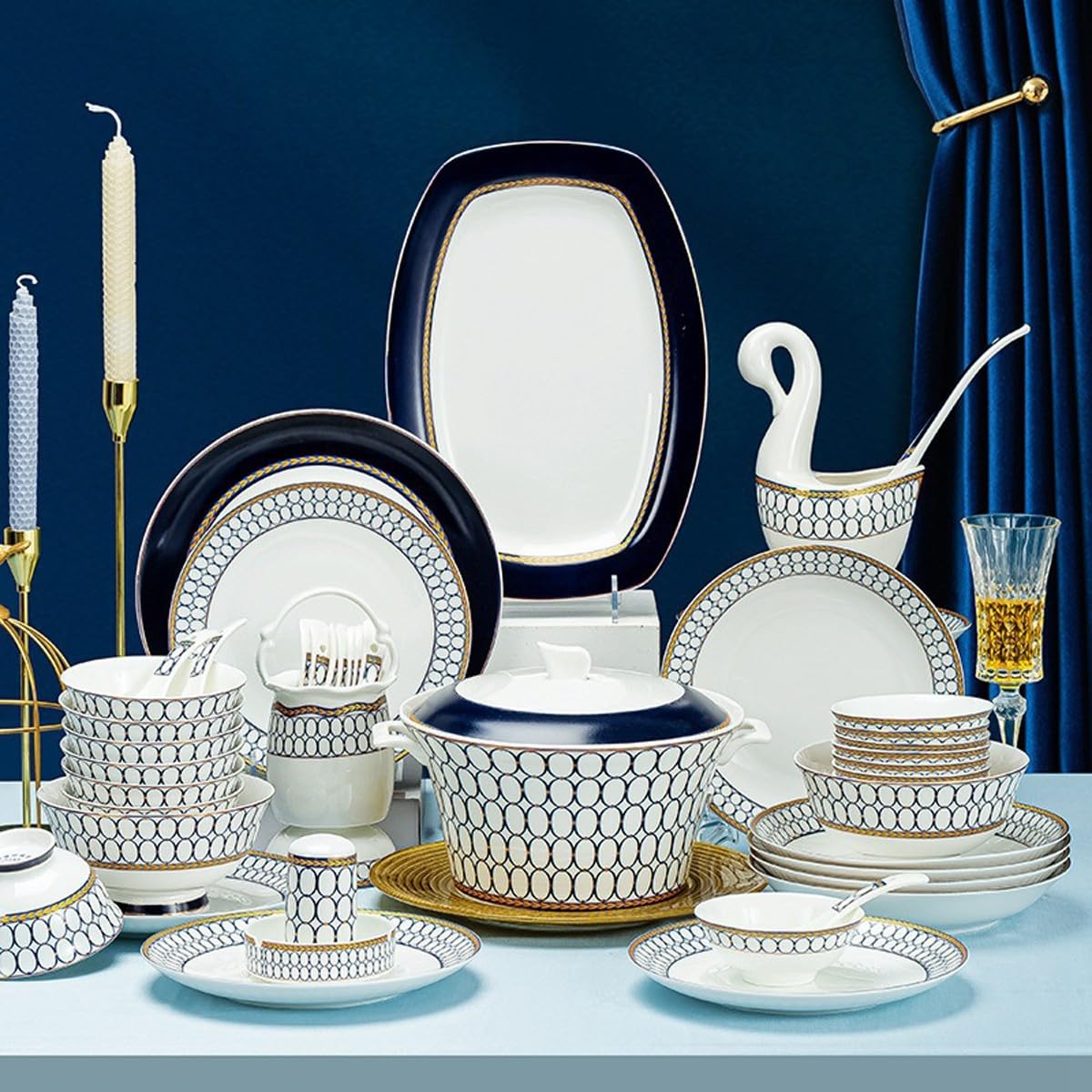 Amazon.com: OLLiNs 60 Pieces Blue Classic Bone China Dinnerware