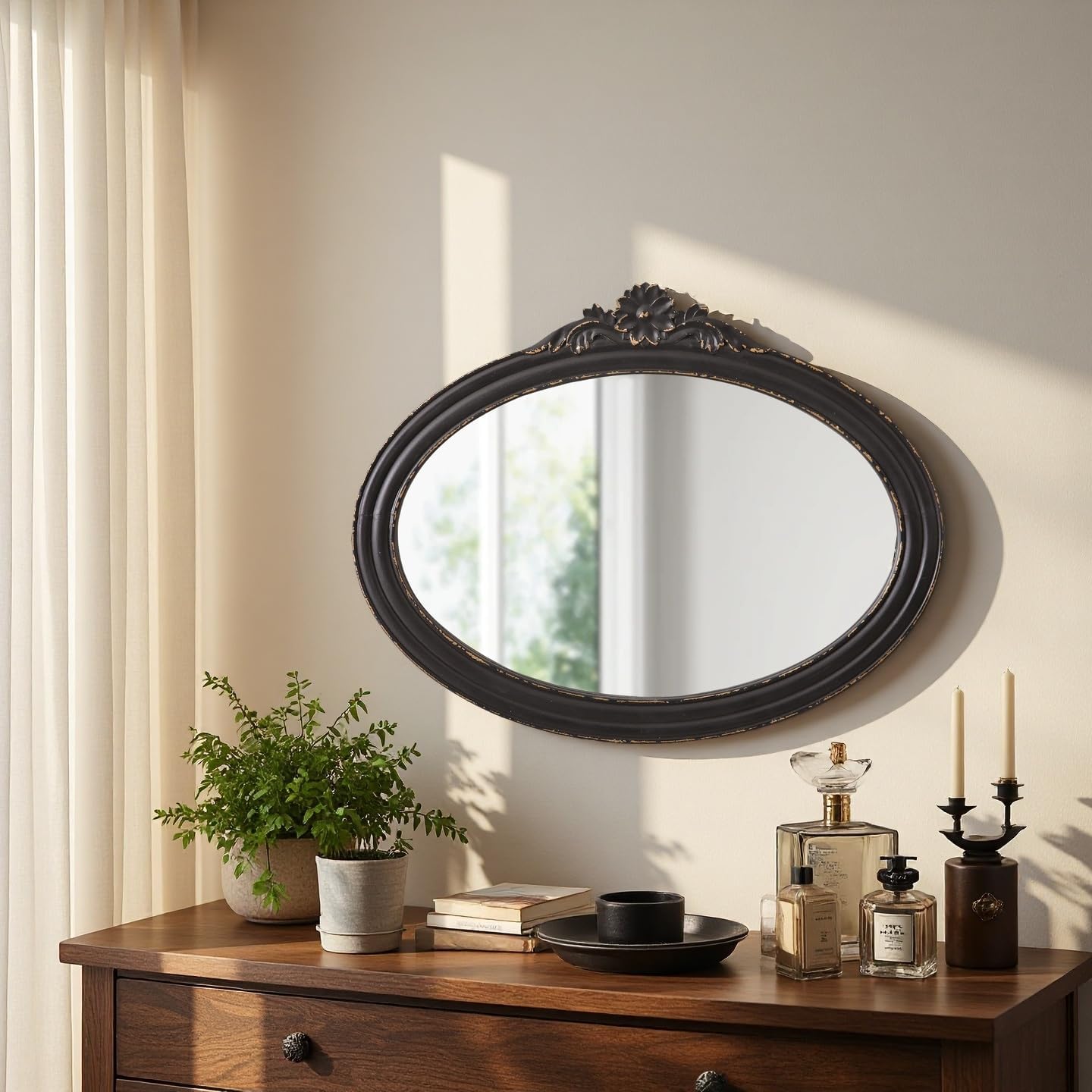 Rustic Oval Mirrors for Bathroom 30 X 24 Inch, Hanging Distressed Finish Black Wood Frame Vintage Wall Mounted Mirrors for Wall Decor Living Room Bedroom Entryway Hallway