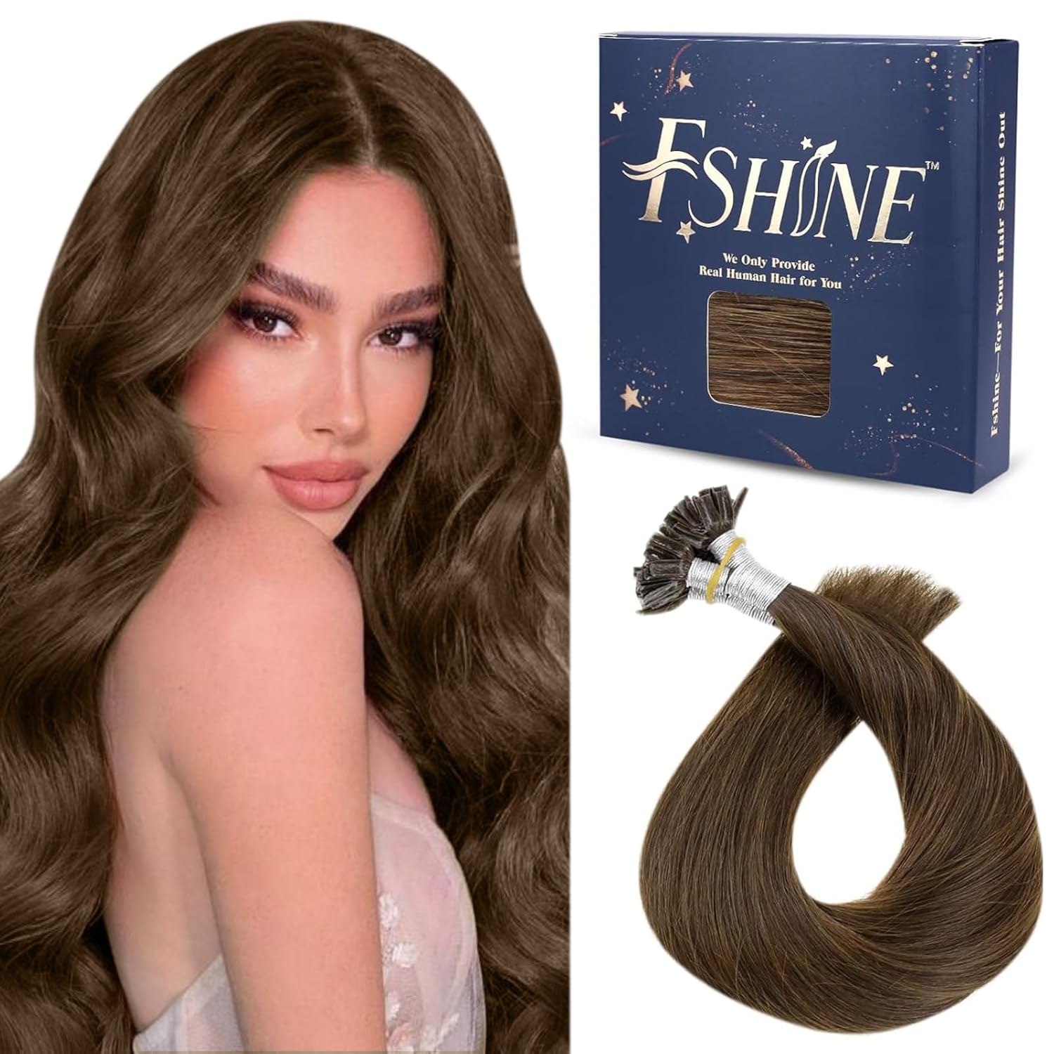 Fshine Middle Brown Nail Tip Human Hair Extensions 14 Inch Keratin Bondings Hair Extensions Soft Human Hair Chocolate Brown U Tip Hair Extensions Straight Hair 40g/50s