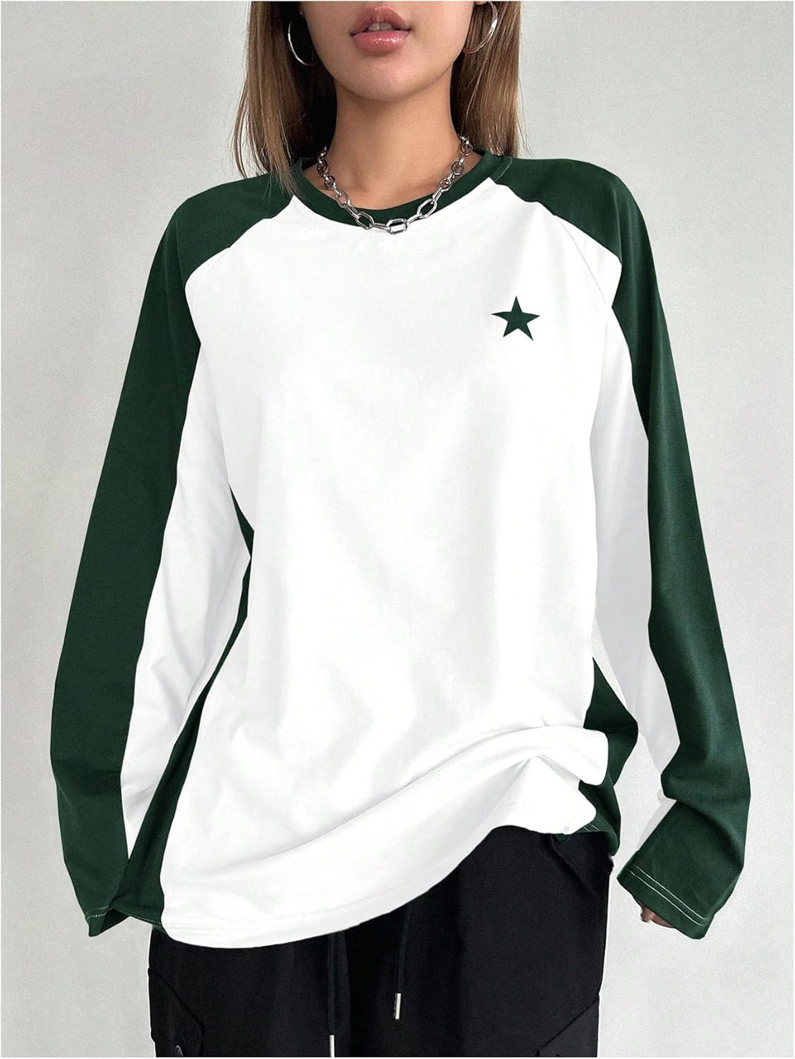 SHENHE Women's Color Block Crew Neck Star Graphic Raglan Shirt Loose Long Sleeve Tee Top - Image 4