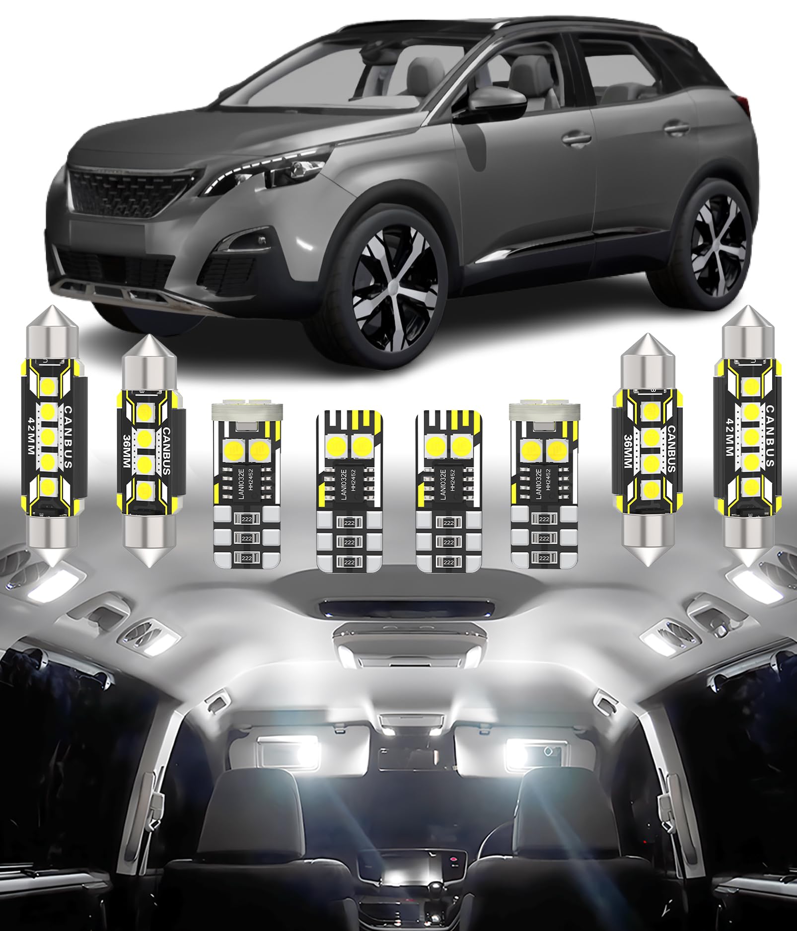 BMT xms 17pz Kit di Luci LED per Interni per Peugeot 2008 2013-2019/3008 2008-2020/5008 2009-2020, Lampadine LED per Interni Auto e Camion 6000K Bianco Luminoso