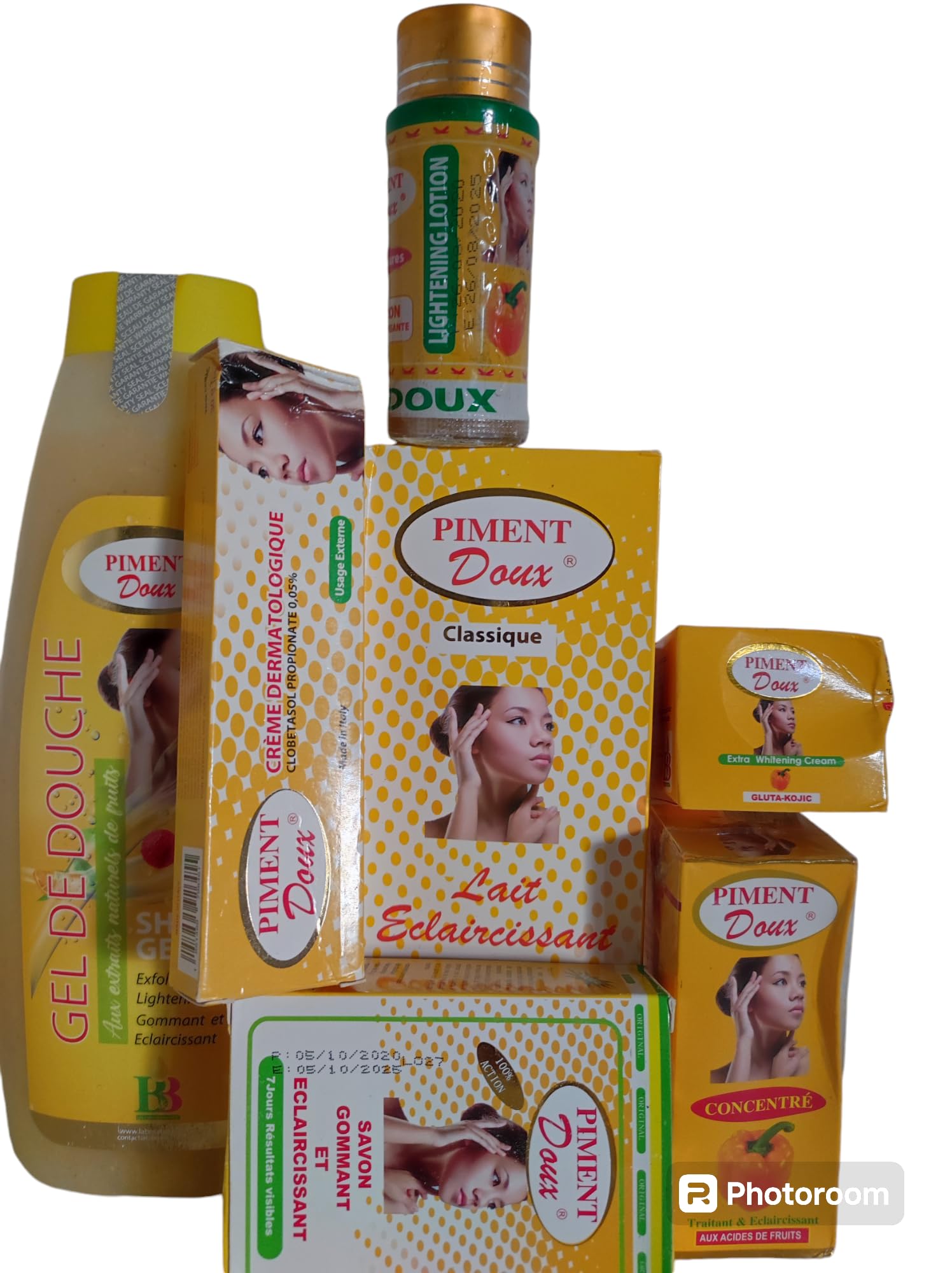 Gamme piment doux (lait 500ml, creme visage 25g, serum 120ml, savon 250g) aux acides de fruits, éclaircissant, blanchissant, anti-tache noires et brunes