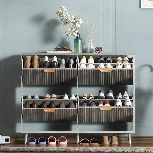 Miniatura 14 de Armario de zapatos, organizador independiente moderno con 2 cajones abatibles, armario estrecho para zapatos, para entrada, color negro Negro