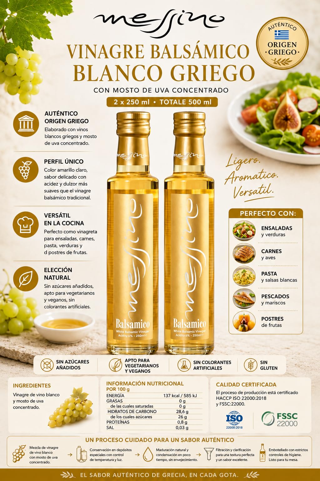Messino Vinagre Balsámico Blanco – Pack 2 x 250 ml (Total 500 ml) | Vinagre griego con mosto de uva | Ideal para ensaladas, carnes, pasta y postres