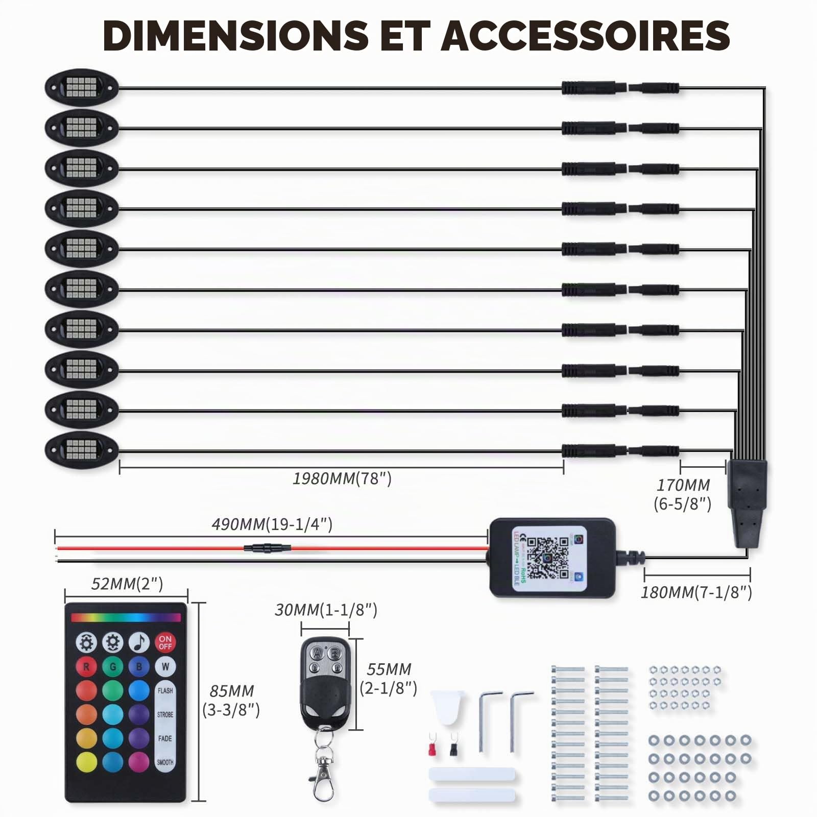 10Pcs Kit de LED Voiture Exterieur, Contrôle APP& Télécommande, Jeu de lumières Multicolores synchronisées avec la Musique, Bandes Lumineuses RGB étanches pour Voitures, camions et SUVs