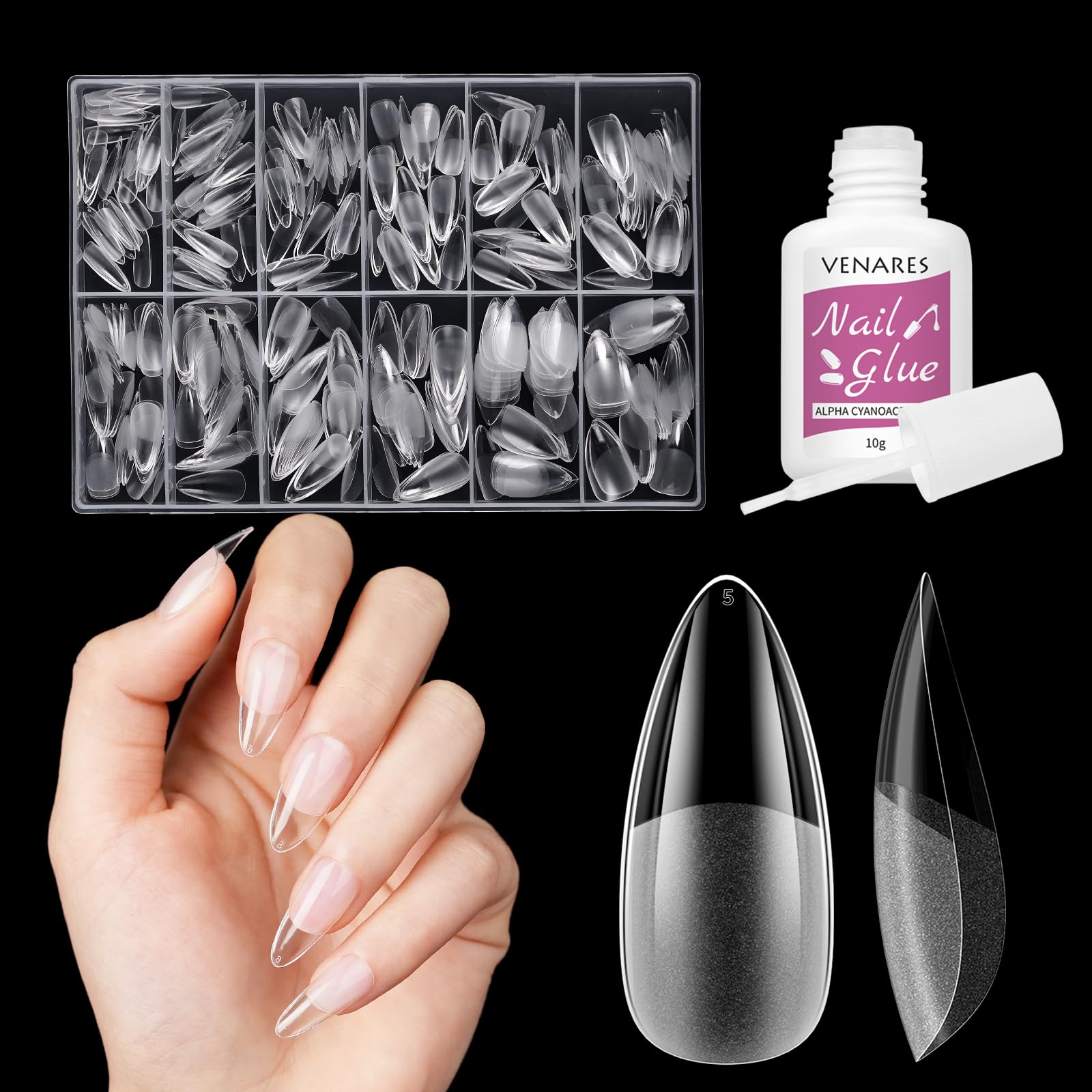 Short Almond Nail Tips, Venares 500Pcs 10 Size Acrylic Nail Tips for Gel Extensions Full Cover Soft Gel Tips for Acrylic Extensions