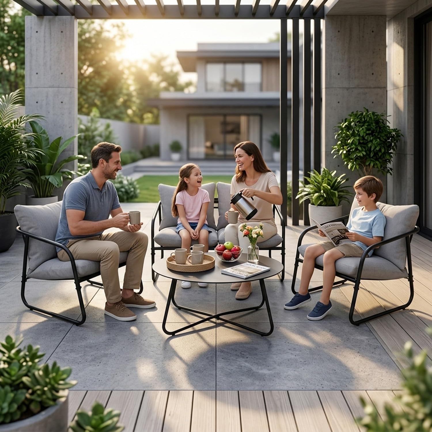 Alivio 4 Seater Garden Iron Furniture Set with Cushions & Coffee Table, Outdoor Patio Sofa Set for Garden, Balcony, Conservatory & Backyard, Weather-Resistant Metal Frame, Grey