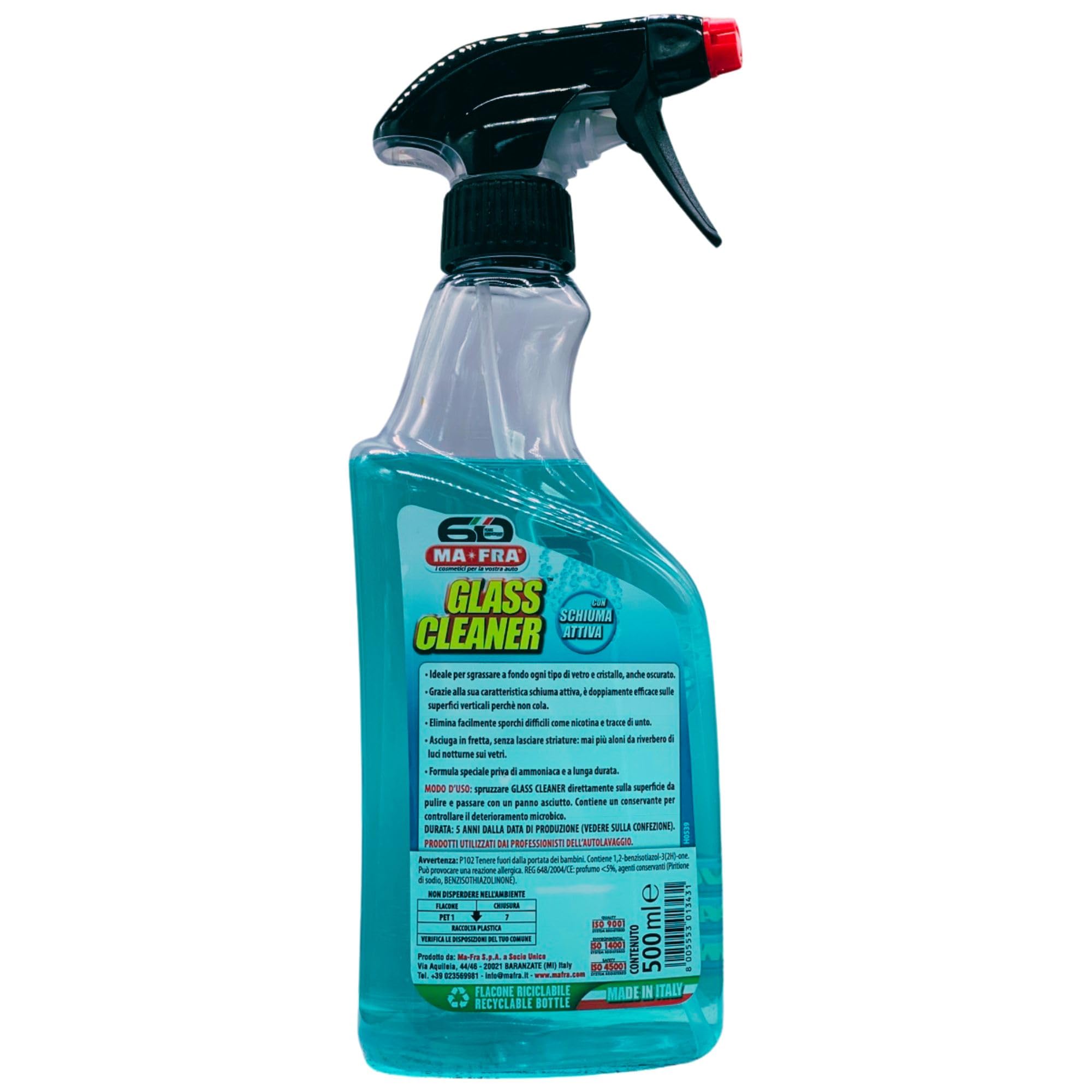 Detergente Spray GLASS CLEANER, Sgrassatore Per Vetri e Cristalli. Ideale Per La Pulizia Dei Vetri Auto, Migliora La Visibilità Alla Guida, Elimina Ditate e Tracce Di Smog 500ml (6 Spray)