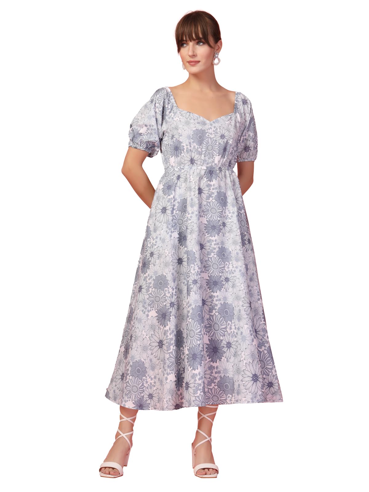 Oomph! Flared Dress For Women Stylish | Long One Piece For Women | Puff Sleeve Long Dress | Floral Print Maxi One Piece | Western & Fusion Wear