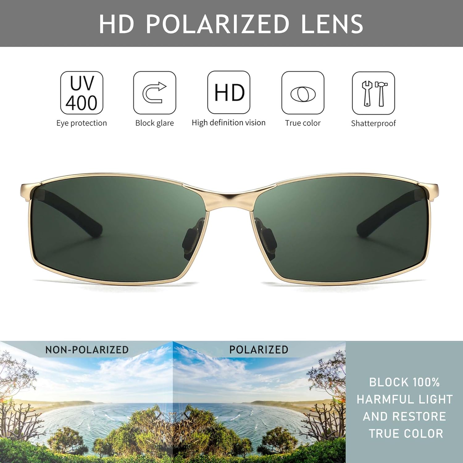 SUNGAIT Ultra-Lightweight Polarized Sunglasses Men for Driving Fishing Golf, Rectangular Metal Frame with Spring Hinge - Image 2