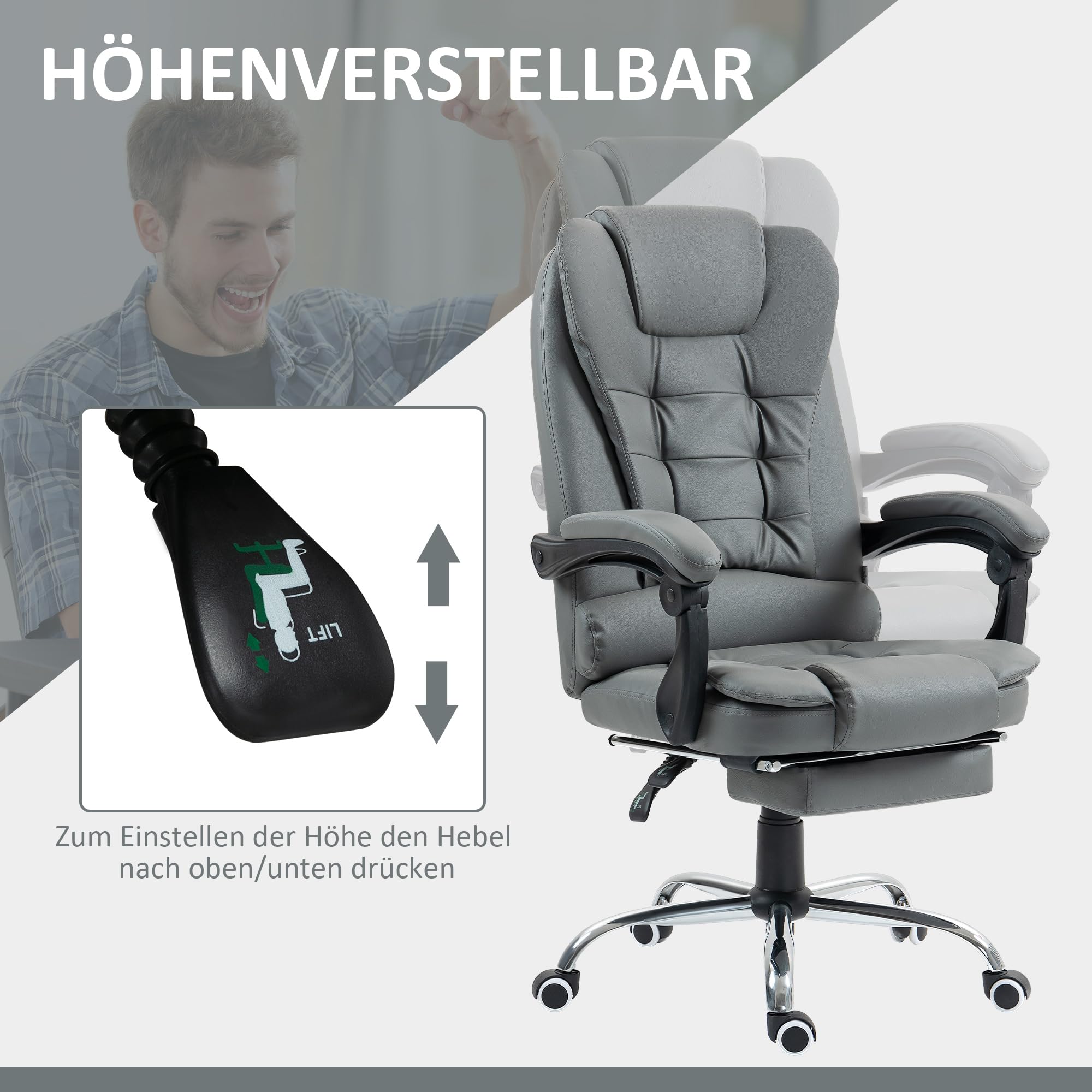 HOMCOM Bürostuhl Ergonomischer Schreibtischstuhl mit Lendenwirbelstütze, Armlehne, Fußstütze, Höhenverstellbarer Drehstuhl mit Wippfunktion, Kunstleder, Gepolstert Computerstuhl, Grau