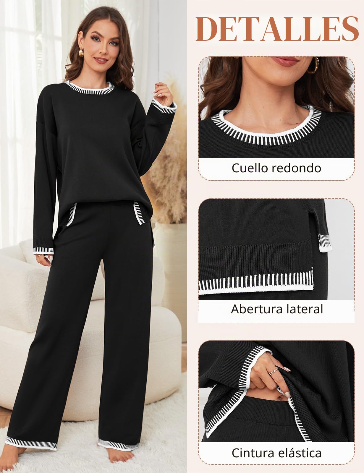 TOMEEK Conjunto Punto Mujer Dos Piezas Casual Chandal Completo Mangas Largas Tejido y Pantalones Suelto Cómodo Moda Conjunto De Pijama Salón Deportivo Color Sólido