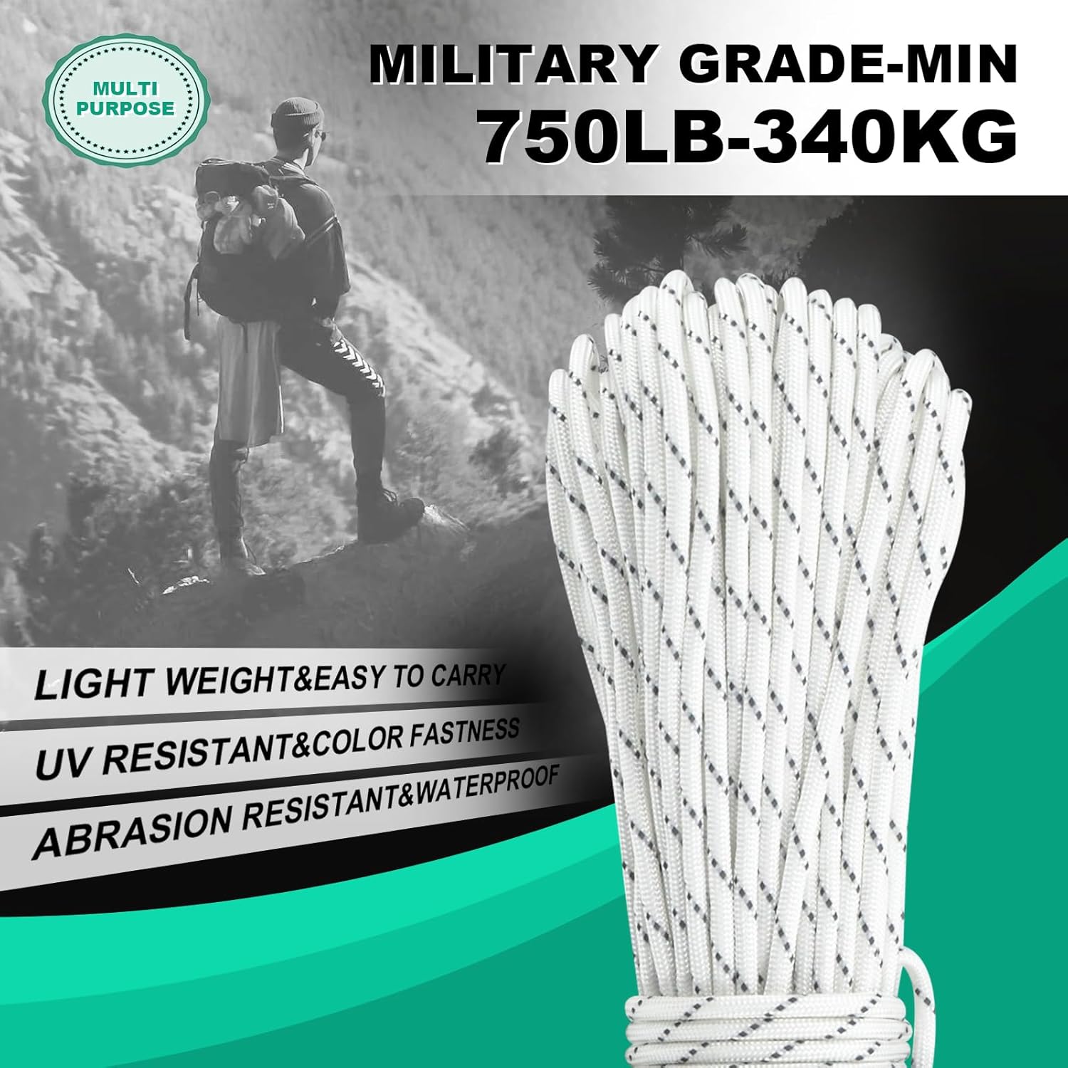 Wedotu-750LB Rope-100ft/500ft/1000ft-4MM-9 Strand Parachute Spool Cord Ideal for Military Nylon String, Camping,Survival Paracord Bracelet,DIY Projects,Hiking,Fishing-Reflective-White,500ft