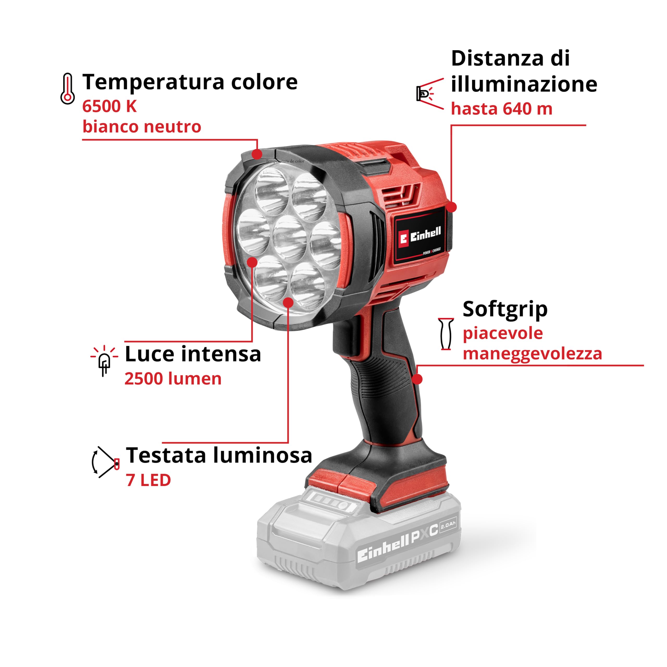 Torcia a batteria Einhell TE-CL 18/2500 Li-Solo Power X-Change (18 V, 2500 lm, 6500 K, portata 640 m, 7 LED, cavalletto filettato, batteria esclusa)