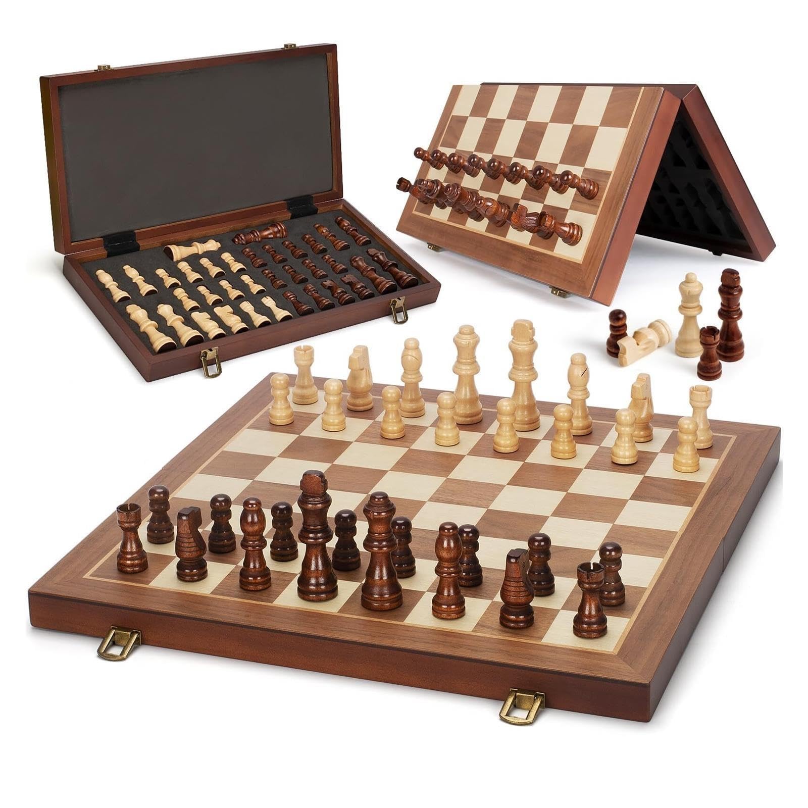 Set di scacchi magnetici in legno con 2 regine extra | Set di scacchi da viaggio portatile con slot for riporre i pezzi, gioco da tavolo for principianti