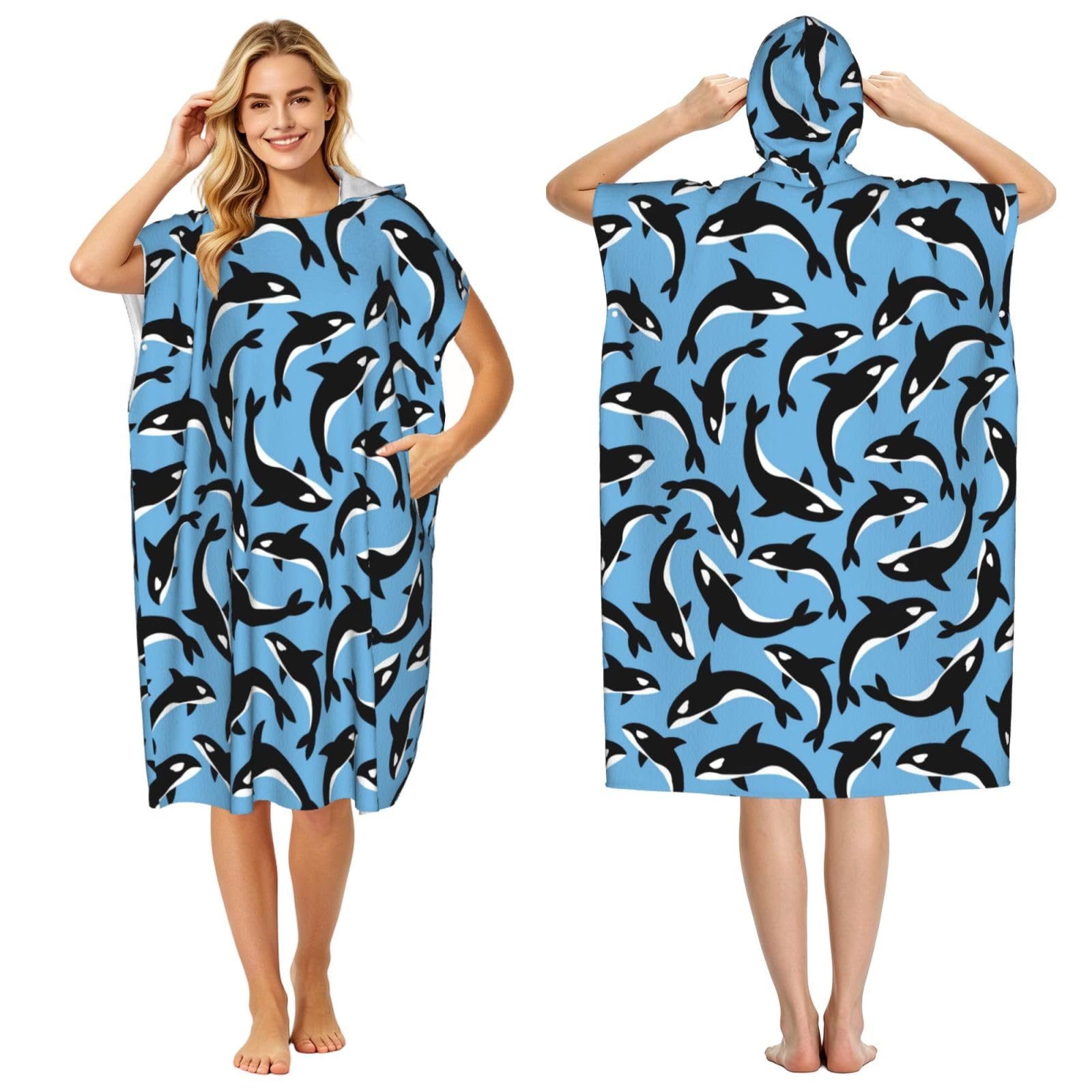 Poadnly Killer Whales Orca, Adult Hooded Beach Towel 90 x 110 cm,Changing Bath Robe, Surf Poncho Towel For Women Men