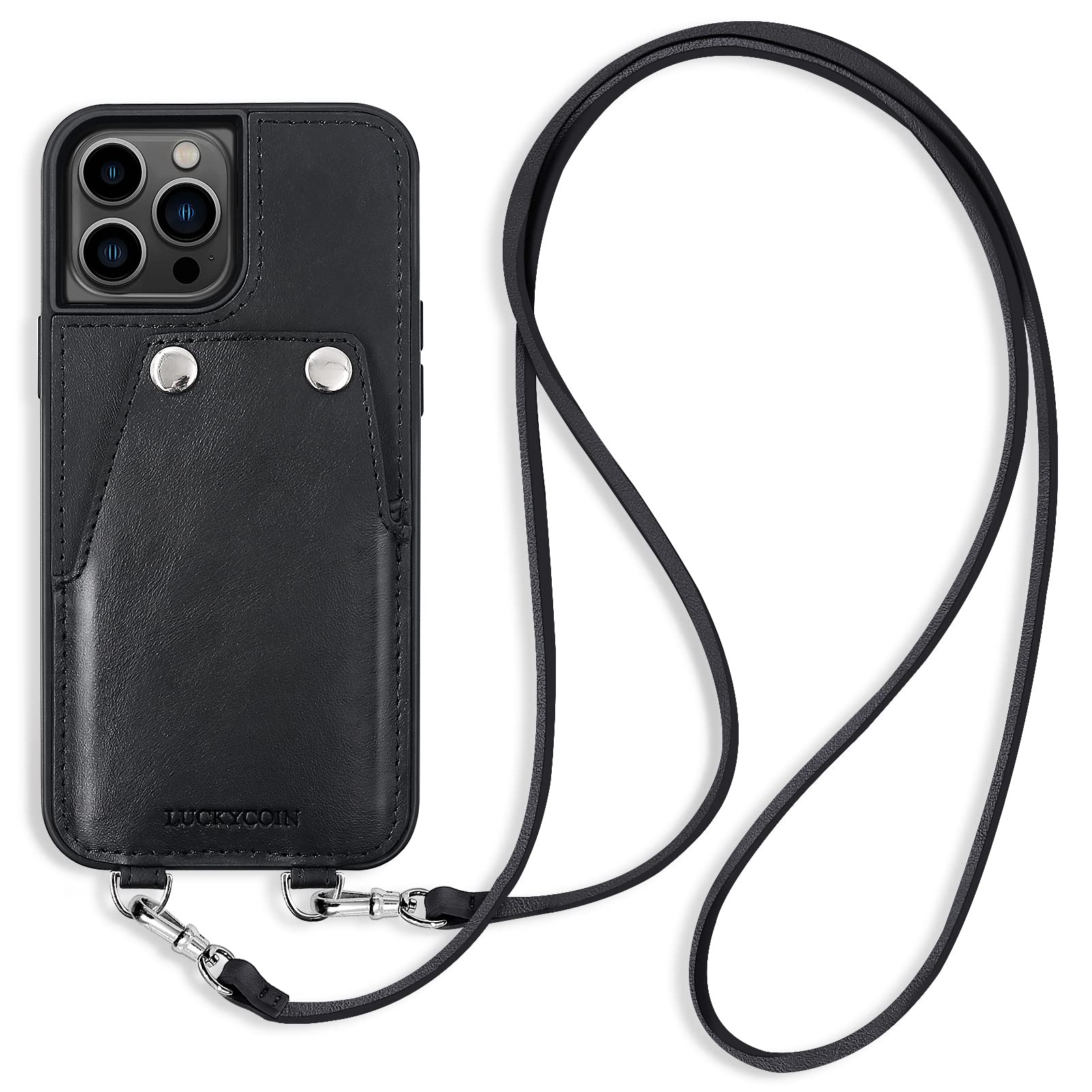 LUCKYCOIN Genuine Leather Wallet Case for iPhone 13 Pro Max,Crossbody Phone Case with Expandable Card Holder,Adjustable & Removable Anti-Theft Strap,Phone Purse Case Thanksgiving Gifts for Women Black