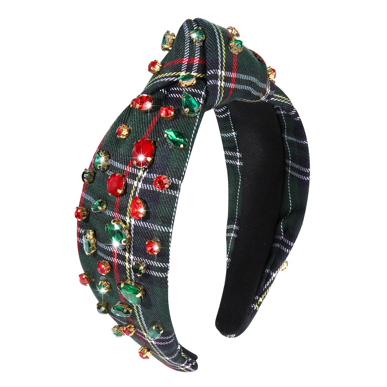 boderier Christmas Headbands for Women Green Plaid Headband Jeweled Crystal Wide Knotted Headband Xmas Holiday Party Hair Accessories Gifts (Green Plaid)