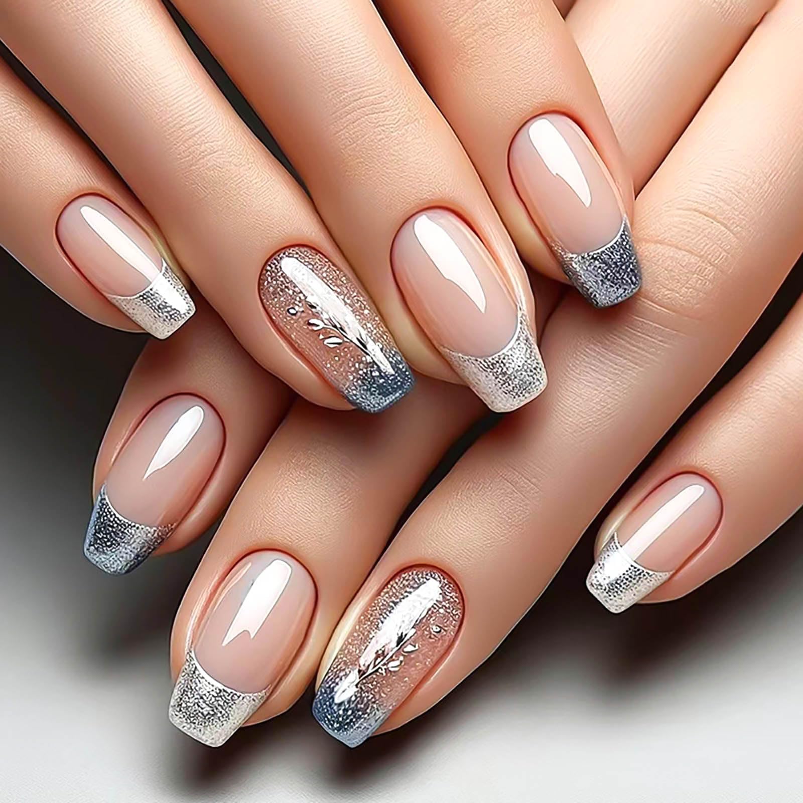 RUOKEXIN Medium Coffin Press on Nails French Tip Fake Nails Glitter False Nails with Silver Leaf Designs Full Cover Glue on Nails Spring Sparkly