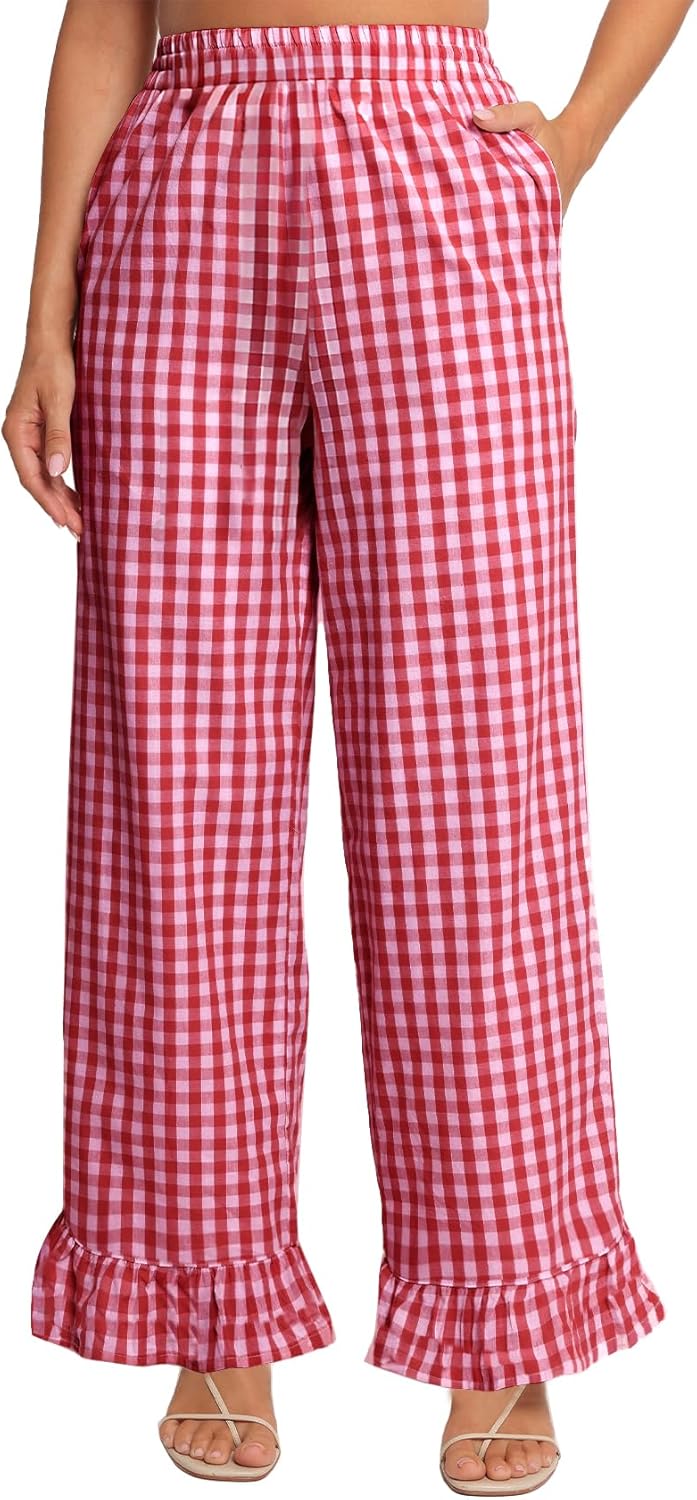 Flygo Women's Gingham Pants Y2K Cotton Wide Leg Ruffle Hem Lounge Pants Plaid Elastic Wasited Trouser with Pockets
