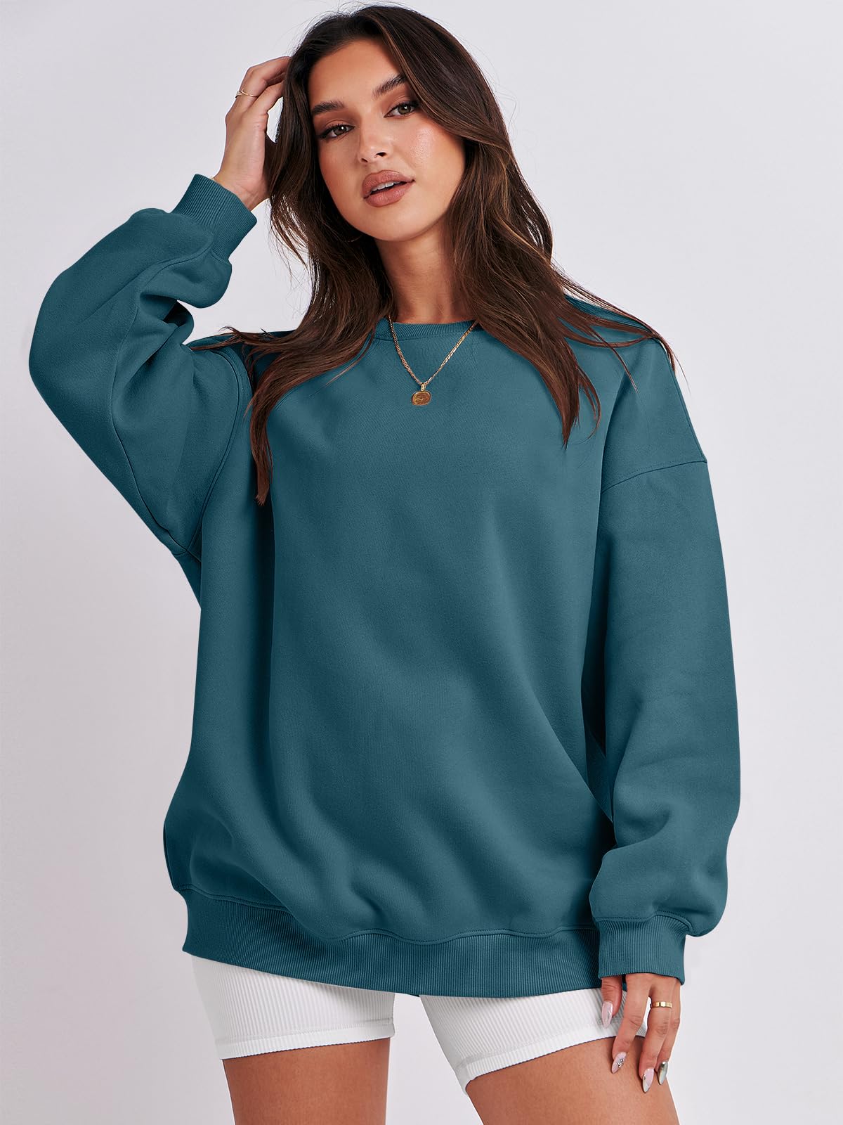 Damskie bluzy oversize bluzy z kapturem polar okrągły dekolt sweter top codzienne jesienne stroje preppy ubrania nastolatki 2024 A1019 światło, Jeden kolor, Lake Blue_XL