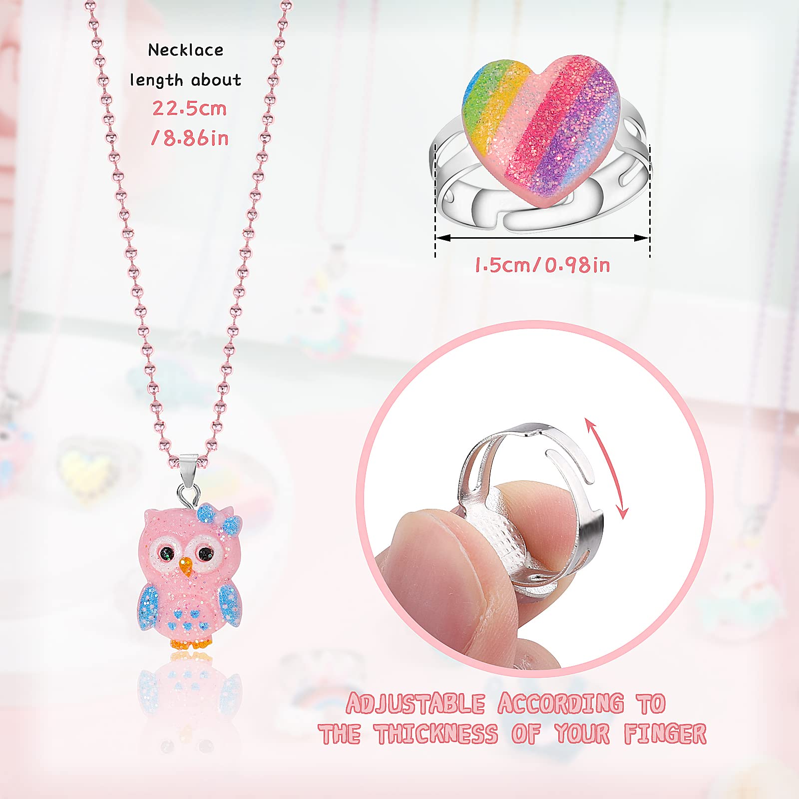 HIFOT 12 Piezas Joyas Set Niña Collar Anillos Infantiles Lindo Unicornio Sirenas Búho Dinosaurio Collar de cuentas y anillos ajustables, Princesa Joyas Articulos Fiesta Cumpleaños Regalo