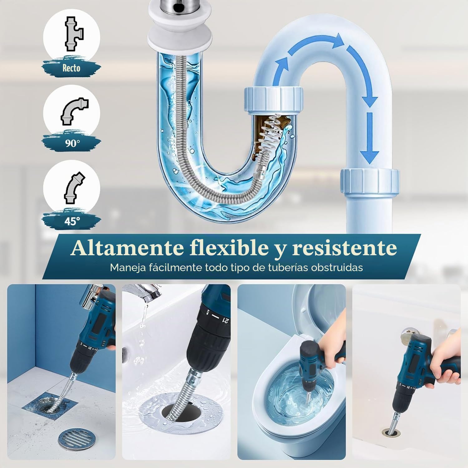 Desatascador Tuberias Fregadero 5m | Espiral de Limpieza de Tuberías Profesional Diámetro 12 mm con 8 Piezas Limpiador de Drenaje Accesorios