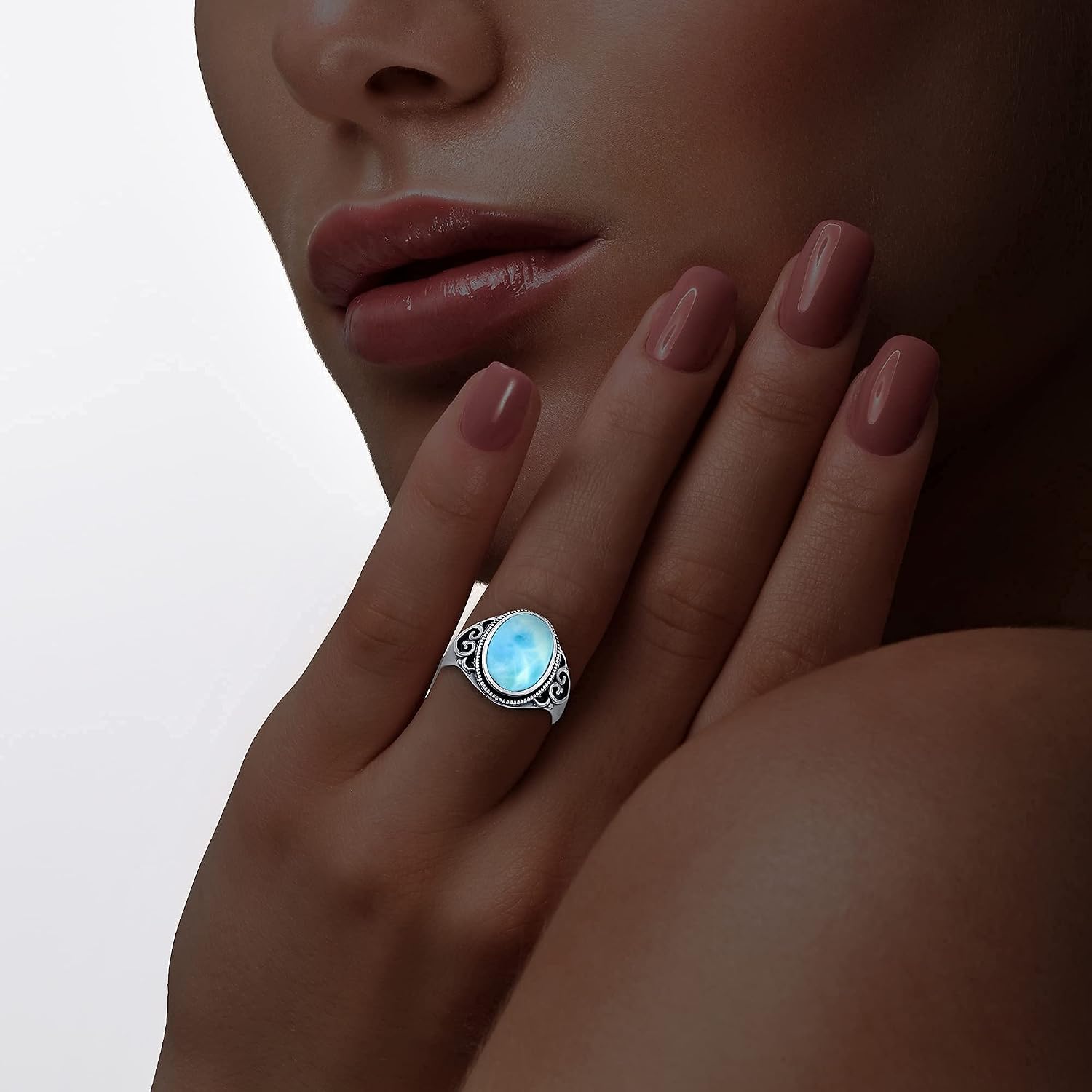 Filigree Design with Natural Larimar Gemstone Rectangle/Oval/Pear-Shaped Oxidized Antique Ring Sterling Silver Jewelry for Women or Teens