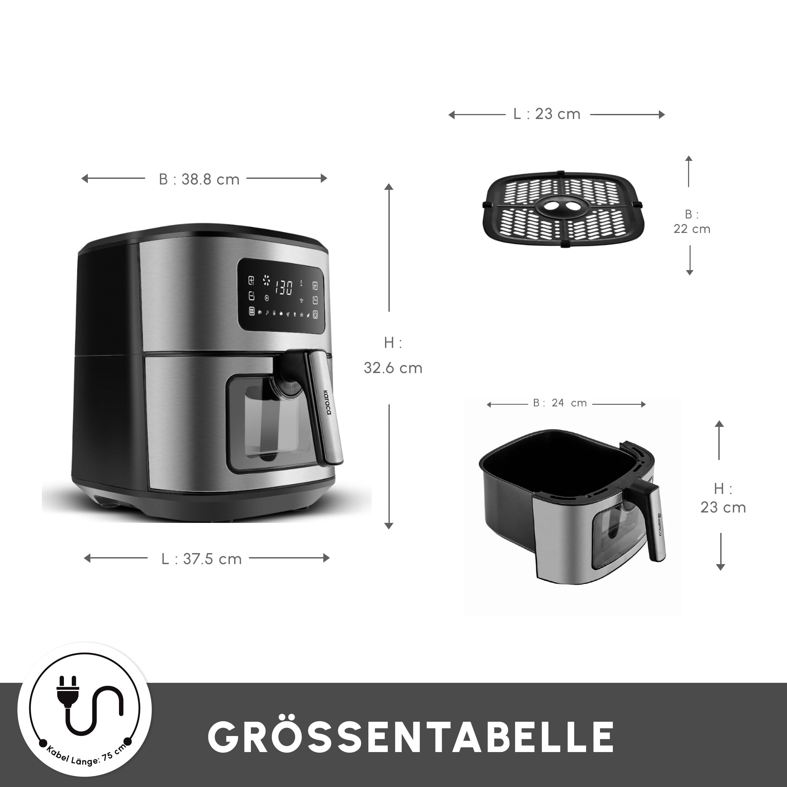 Karaca Multifry Inox XXL 6,5 litri Airfryer con finestra digitale in vetro, friggitrice ad aria calda, tecnologia di circolazione dell'aria a 360 gradi, 8 funzioni di cottura con tempo di cottura,