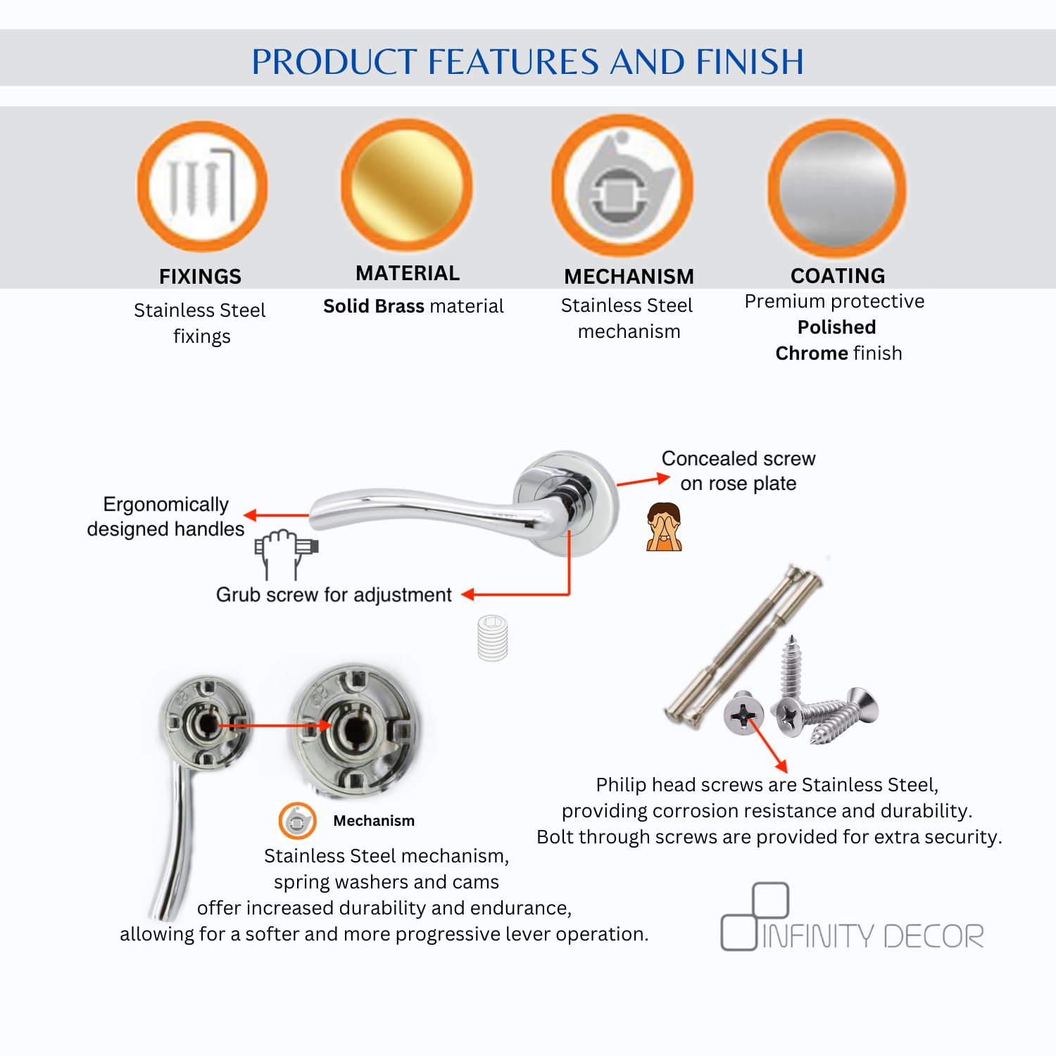 5 Sets Of Door Handles 'ZUNE' Solid Brass Lever On Rose - Polished Chrome