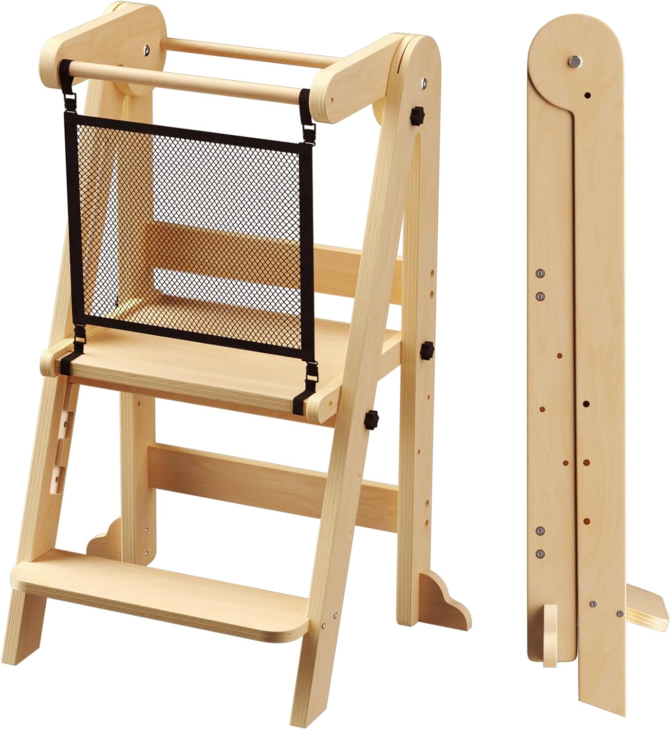 LOVMOR Foldable Step Stool Toddler Tower, 3 Adjustable Height Toddler Kitchen Standing Stool Helper for Learning and Cooking - Ages 18 Months to 6 Years with Safety Net