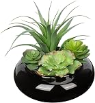 Fake Plants Artificial Succulents in Pots Faux Succulent Arrangement Potted Plant in Black Ceramic Planter Bowl for Home Decor Office Desk Bathroom Shelf Living Room Indoor Decorations