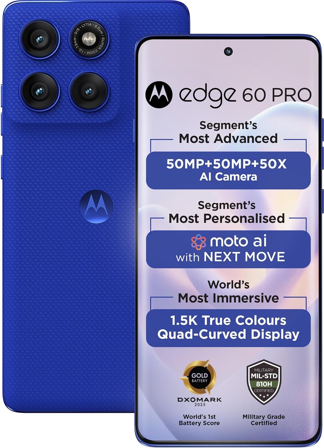 Motorola Edge 60 Pro 5G (Pantone Dazzling Blue, 8GB RAM, 256GB Storage) | 6.7" Display | 50MP+50MP+10MP | 50MP Front | Dimensity 8350 | 6000mAh | 90W & 15W Wireless Charging | IP68/IP69 Rated-image-27