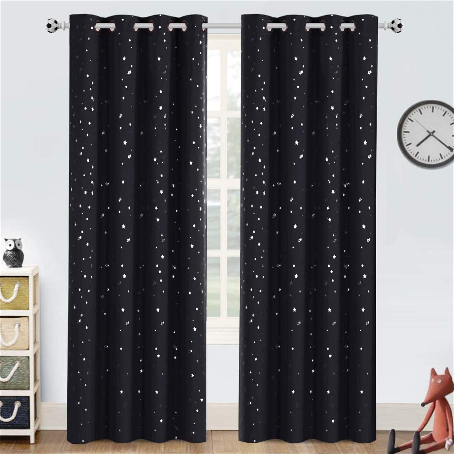 Blackout Star Curtains for Kids Room Boys Girls Twinkle Silver Stars Thermal Insulated Cute Thick Grommet Curtain for Nursery Home Decoration Window Drapes 2 Panels Set (Black/Silver,2 x 52"Wx108"L)