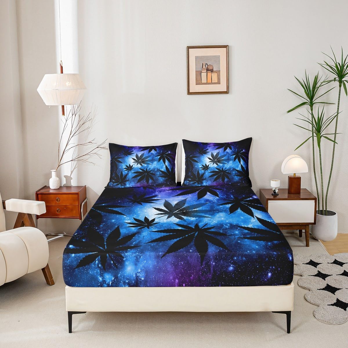 Feelyou Galaxy Space Bed Sheets Marijuana Leaf Sheet Set Botanical Weed Bedding Hemp Fitted Sheet Queen Size Includes 1 Sheets & 2 Pillowcases (No Flat Sheet)