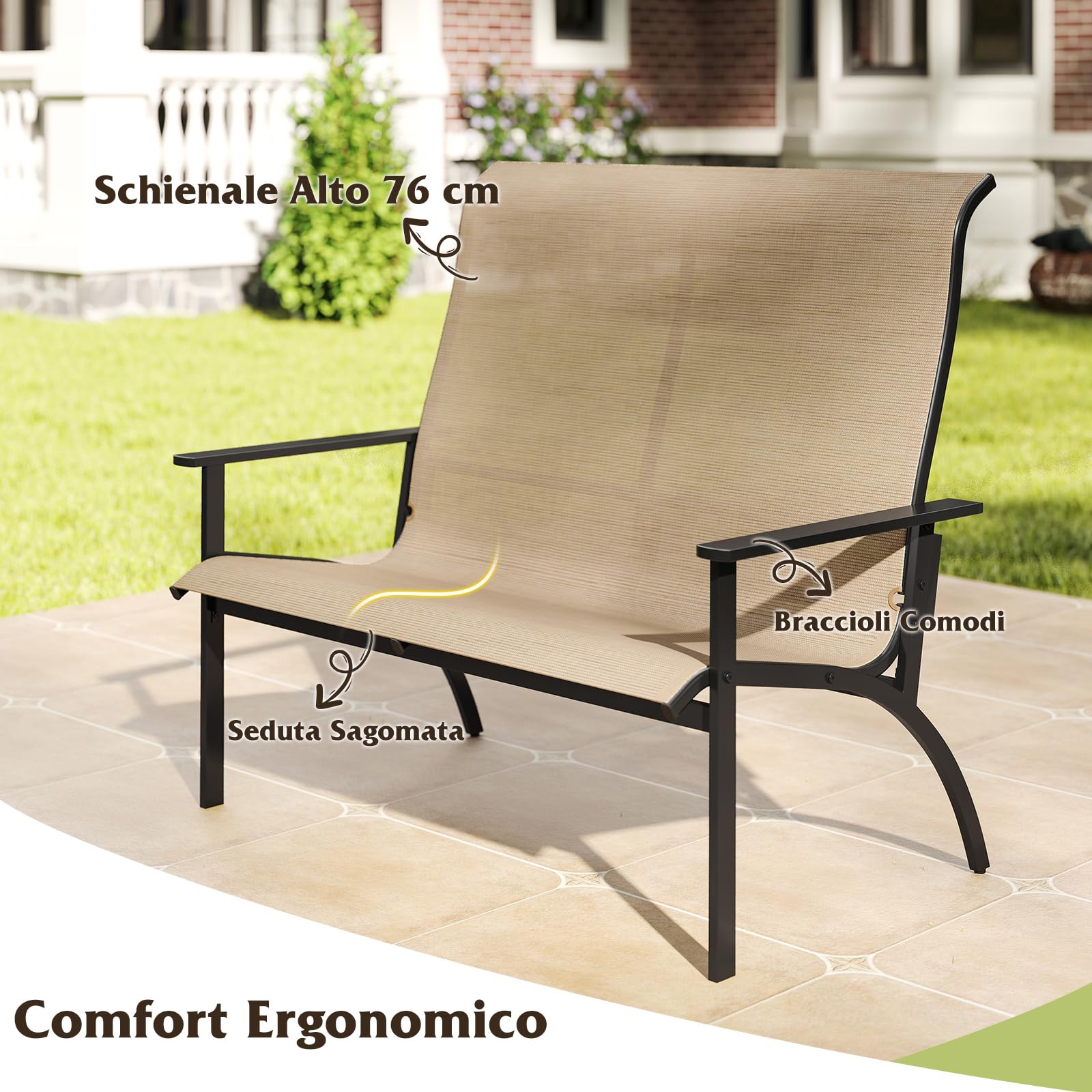 COSTWAY Sedia Esterno a 2 Posti, Panca da Giardino con Schienale Alto e Braccioli, Poltrona da Giardino a 2 Persone, per Terrazzo Patio Cortile, Portata 400 kg