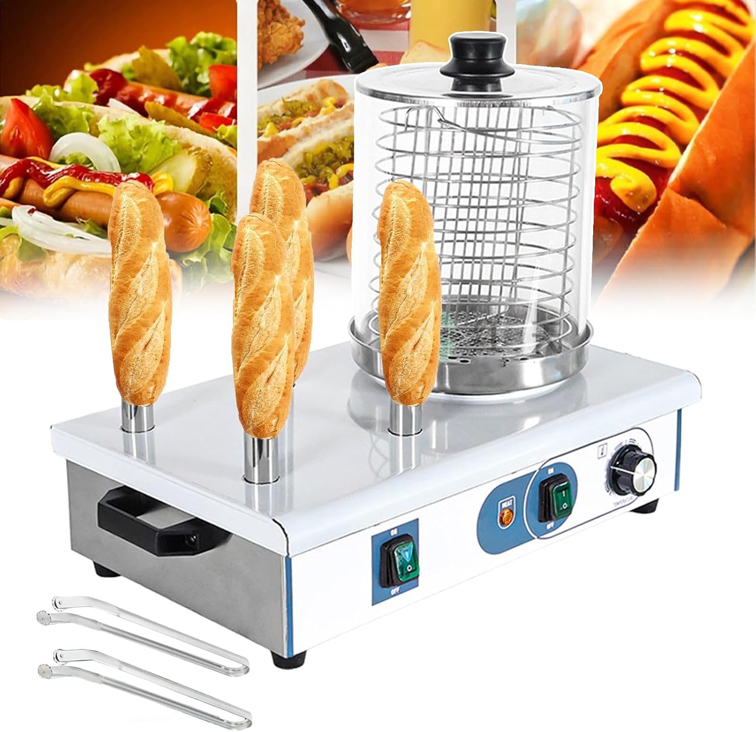 Hot Dog Steamer Bun Warmer, Electric Sausage Grill Cooker, Food Steamers with 2/4 Heating Aluminum Rod,
