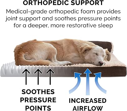 Furhaven Orthopedic Dog Bed for Large/Medium Dogs w/ Removable Bolsters & Washable Cover, For Dogs Up to 55 lbs - Two-Tone Plush Faux Fur & Suede L Shaped Chaise - Espresso, Large
