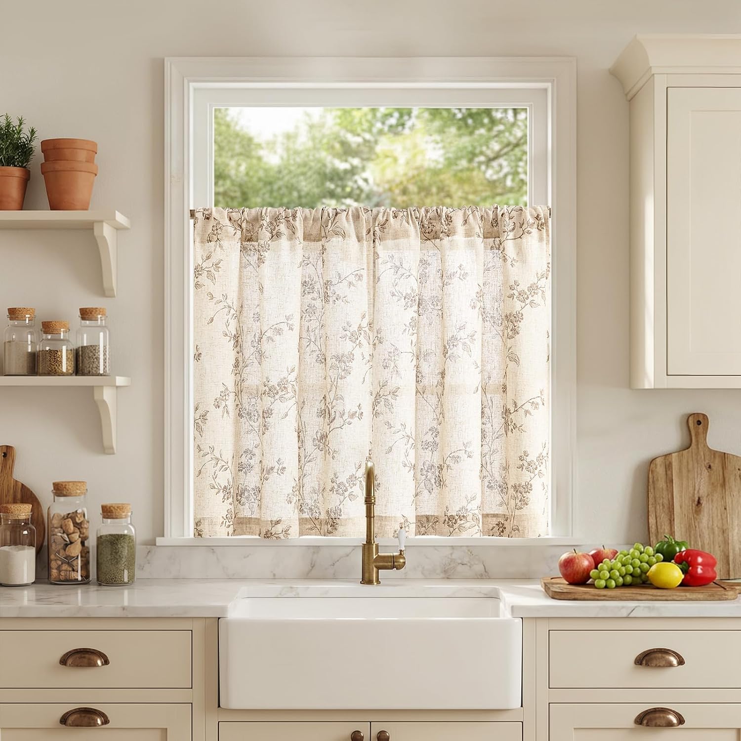Lazzzy Elisa Floral Kitchen Curtains 36 Inch Linen Cafe Curtains Farmhouse Half Window Drapes Over Sink Light Filtering for Small Windows Rod Pocket Back Tab 2 Panels Taupe on Beige