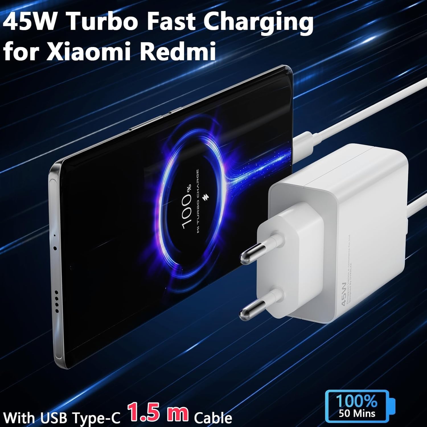 Hobeiy Cargador Rápido 45W con Cable USB C 1.5m para Xiaomi Redmi Note 14 Pro, 15T, 15, 14, Poco X7 Pro, F7 Ultra — view 2