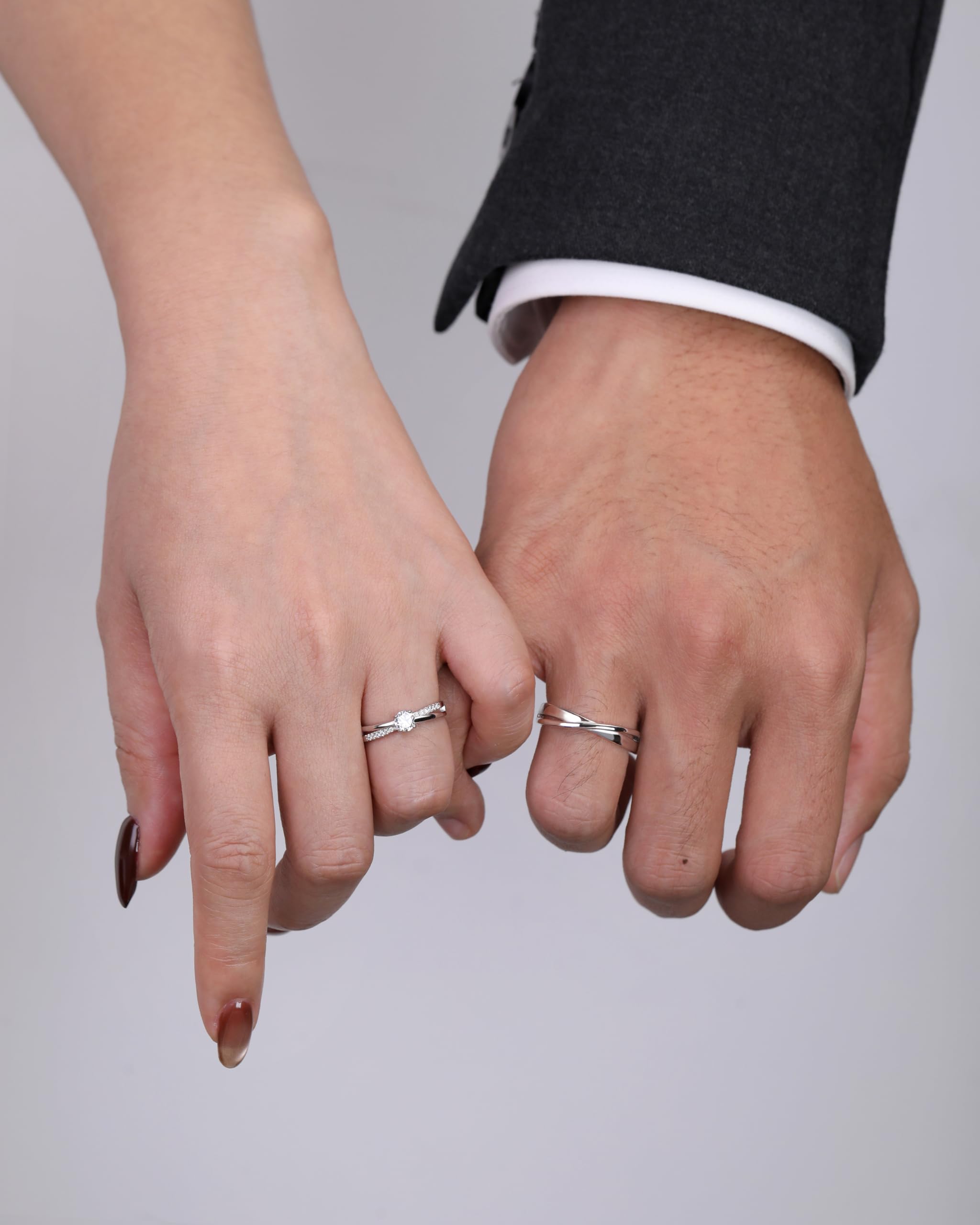 Messia Alianzas de Plata Pareja Anillos de Compromiso de Ley 925 Diseño Cruzado con Circonita Redonda Anillo Ajustables para Ella y Él Boda Aniversario Regalo