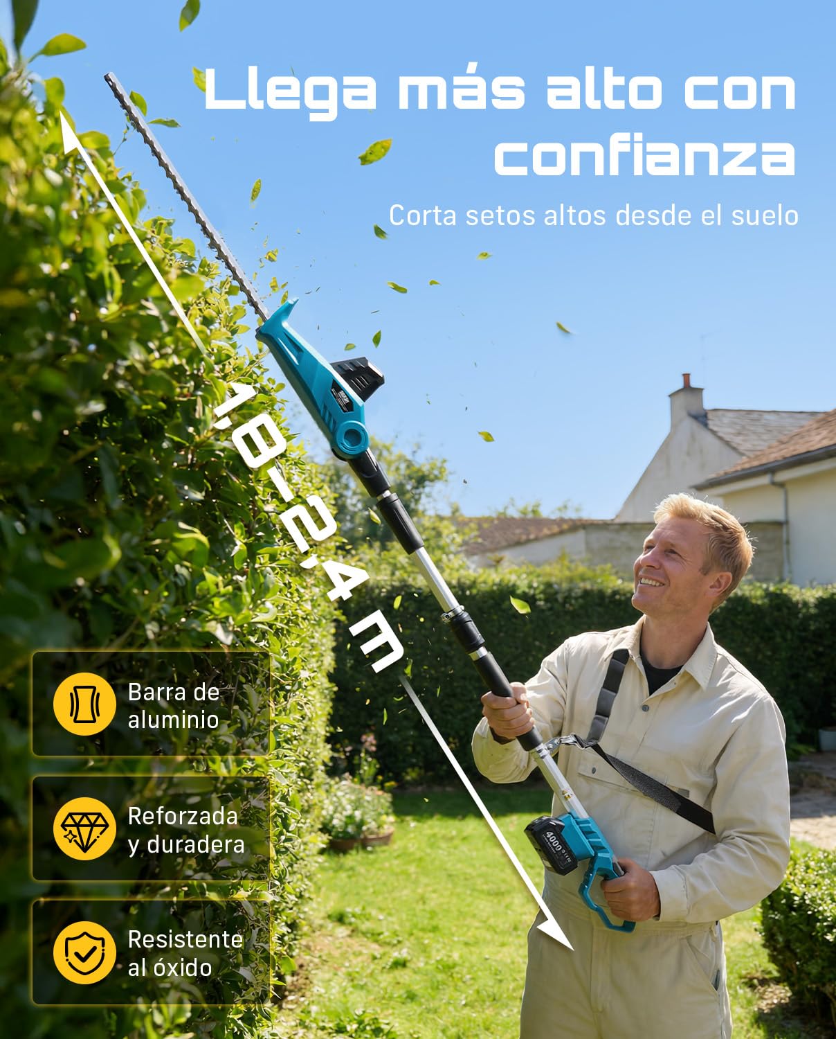 SEESII Cortasetos Batería, Cortasetos Eléctrico con Pértiga Telescópica 2,4 M, Cuchilla Doble Acción 50 Cm, 2×4000 mAh Baterías, Cabezal Giratorio Ajustable, para Setos Y Arbustos