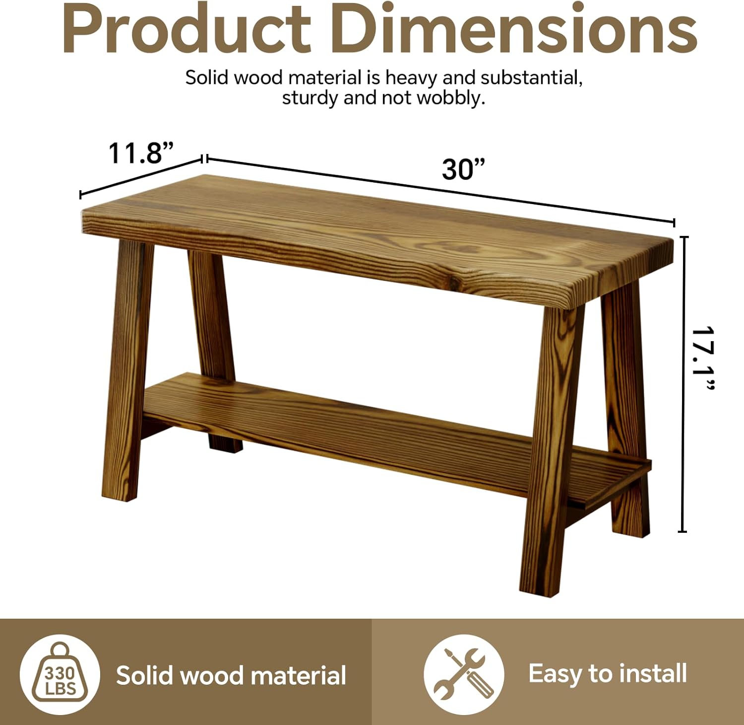 solid wood 30'' farmhouse entryway bench with shoe storage, rustic wooden bench for bedroom end of bed, hallway, front door, living room, dining kitchen, decorative indoor bench, brown 30''l brown