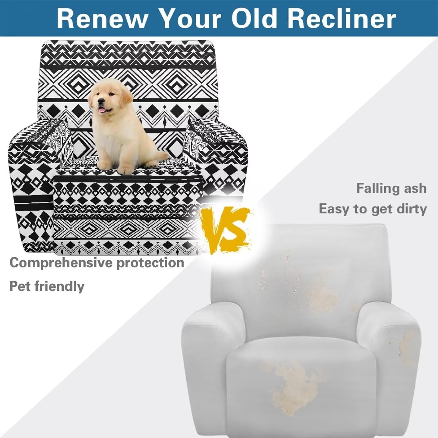 Stretch Recliner Seat Cover Geometry Native Chair Covers for Reclining Chair Couch Soft Furniture Protector 4-Pieces Covers with Elastic Slipcovers for Kids Pets Dog and Cat