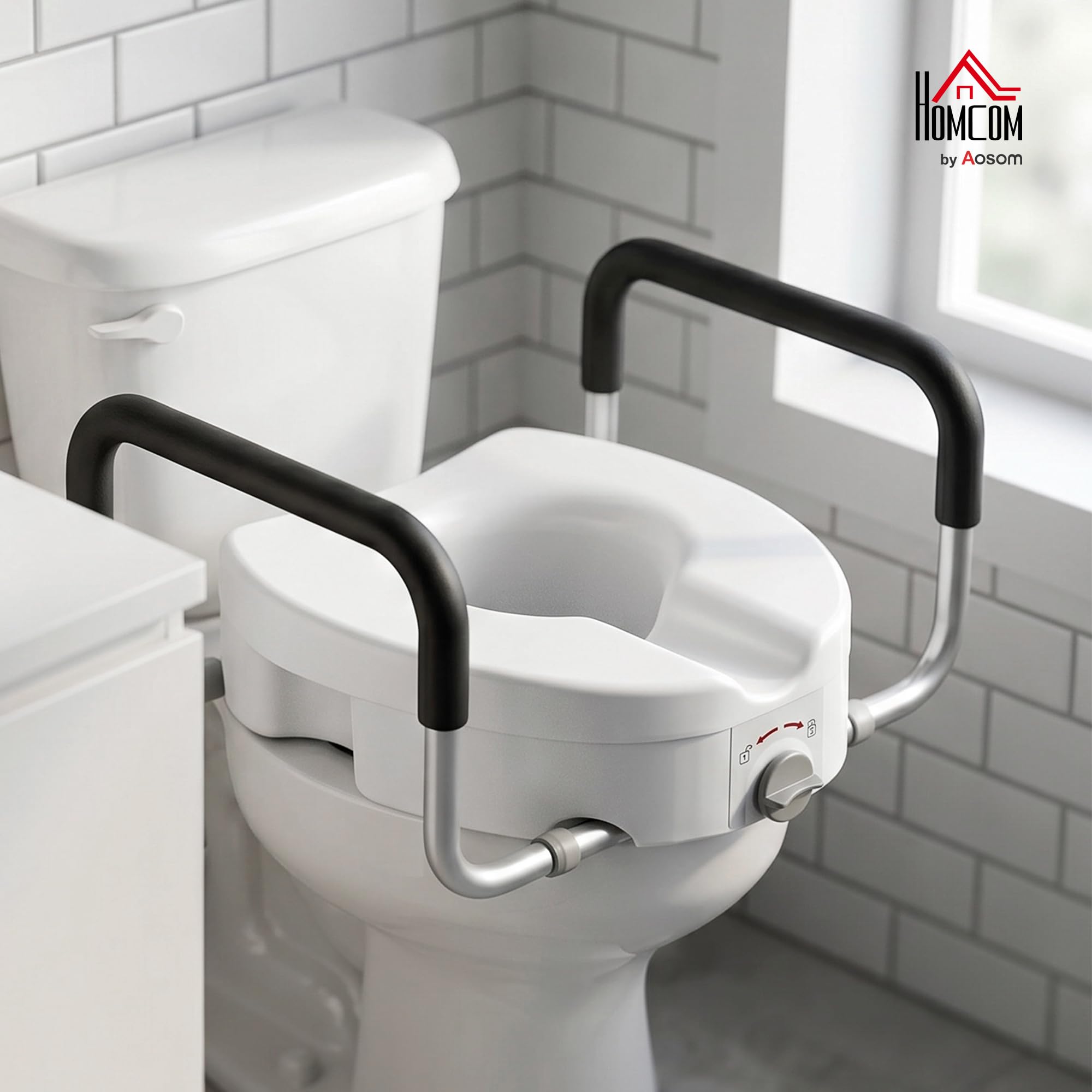 HOMCOM Rialzo sedile WC con maniglie, larghezza regolabile, braccioli imbottiti, installazione senza attrezzi, facile da montare, per anziani e convalescenti, bianco