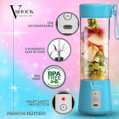 Miniatura 5 de V-Shock Licuadora para batidos y batidos - Licuadora portátil inalámbrica con carga USB - Licuadora personal con 6 cuchillas - Potente licuadora
