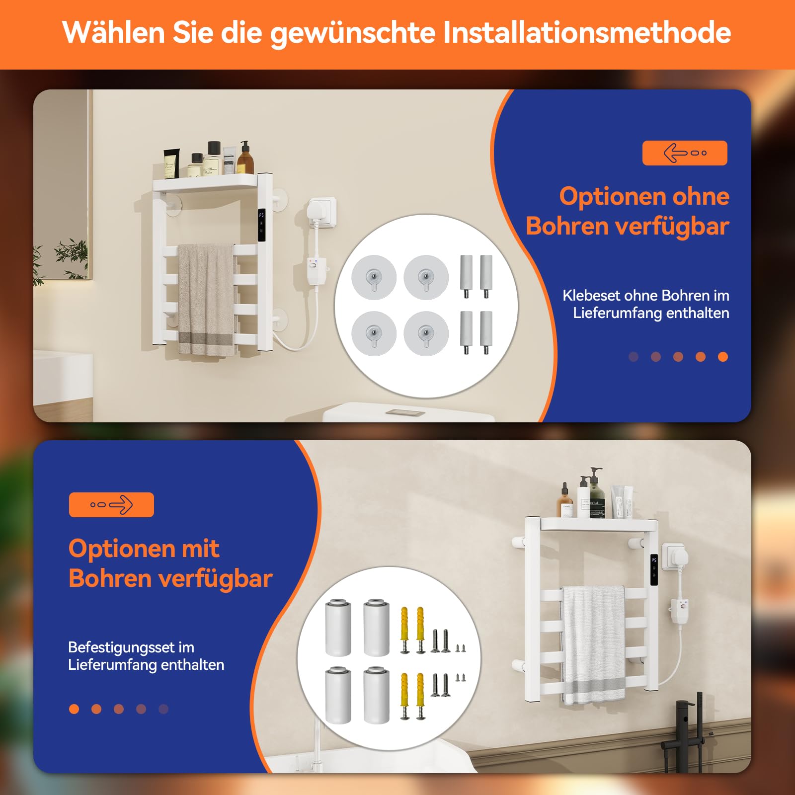 YU YUSING Elektrischer Handtuchhalter mit 4 Heizstäben und 1 Ablage, Handtuchtrockner Bad Handtuchheizung mit 6-stufige Temperaturregelung 45-70℃, LED-Display, Aluminium, Timer, 47x40 cm