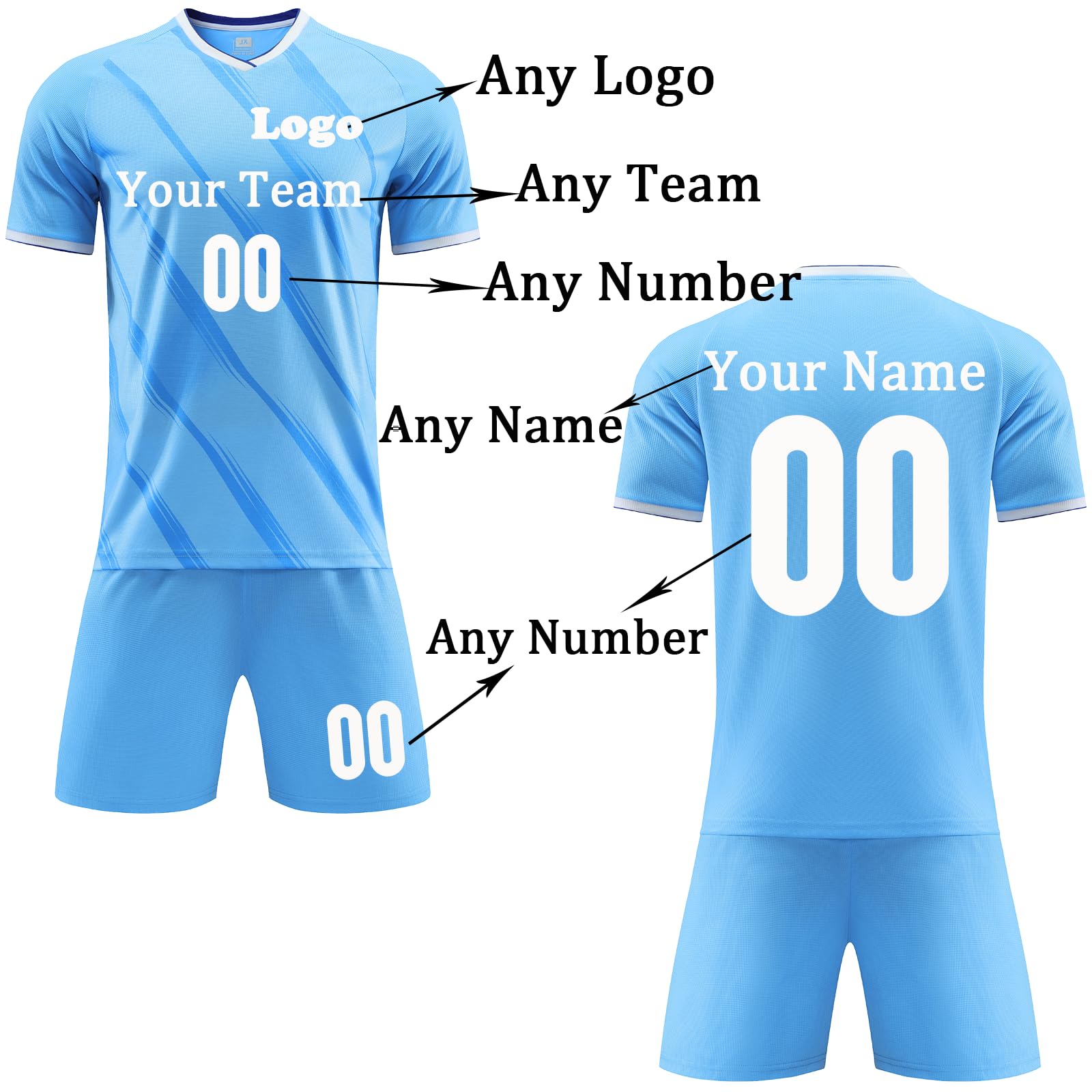 Custom Soccer Jersey Kids Adults Personalized Soccer Uniform with Team Name Number Logo Sky Blue