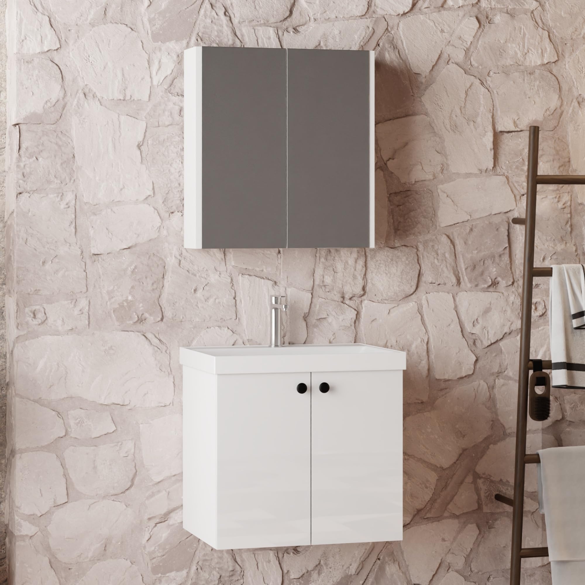 Badmöbel Set Weiß | Badezimmermöbel 3 teilig | Waschtisch mit Unterschrank | Waschbecken | Spiegelschrank | Waschbeckenunterschrank | Badschränke | Komplettset (Mimoza 60)